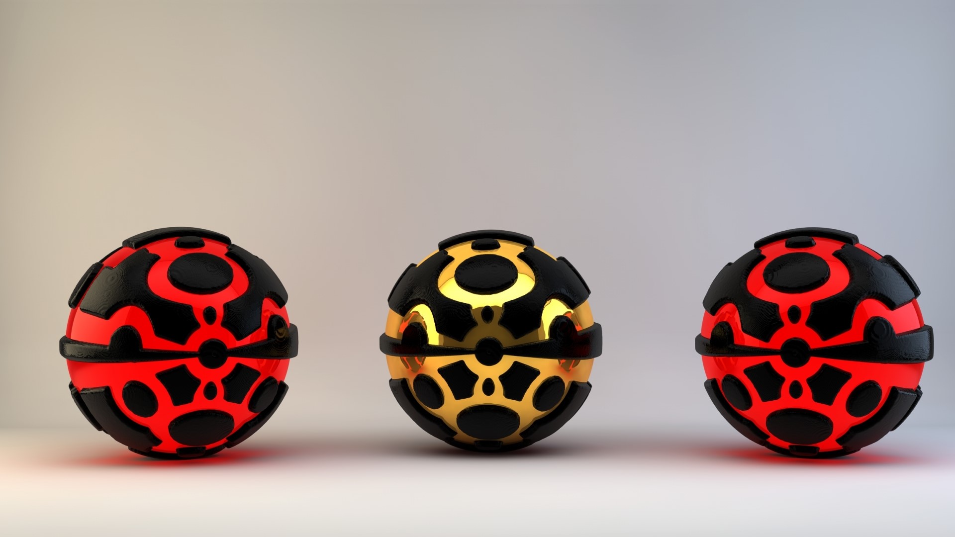 Three futuristic spheres with red and gold accents HD Wallpaper
