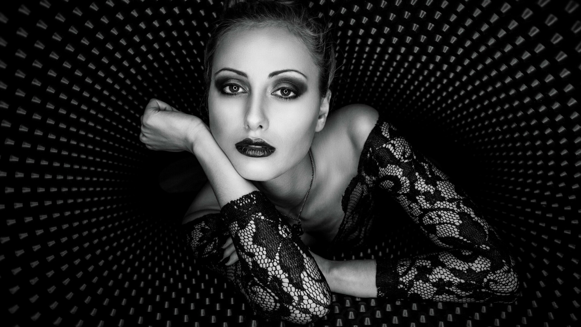 Woman with dark makeup and lace top HD Wallpaper