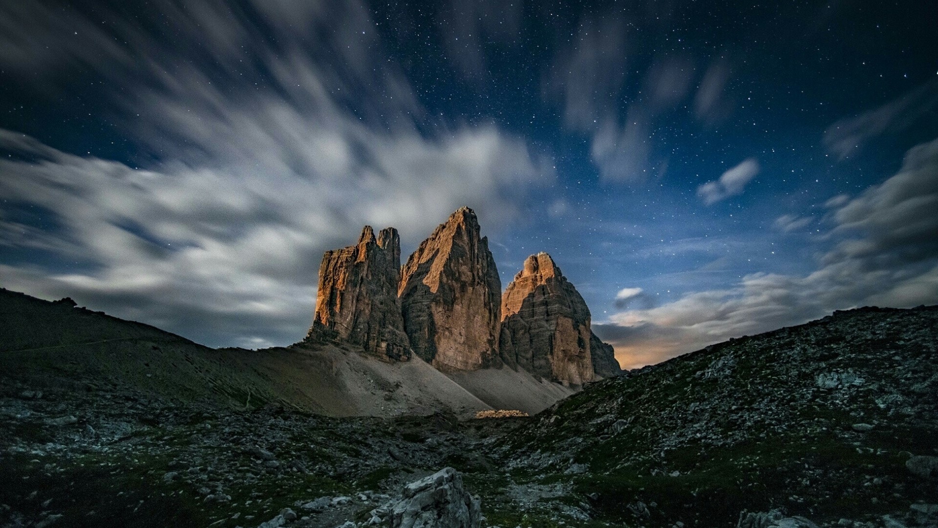 Tre Cime di Lavaredo mountains under starry sky HD Wallpaper