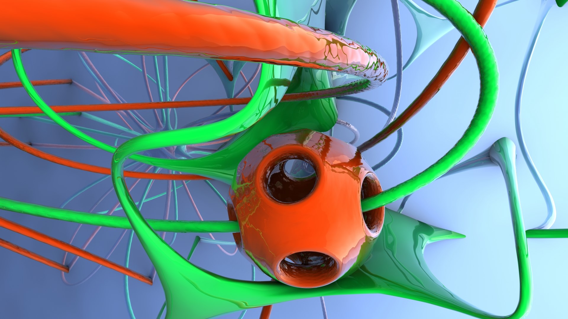 Abstract 3D render with orange and green tubes HD Wallpaper