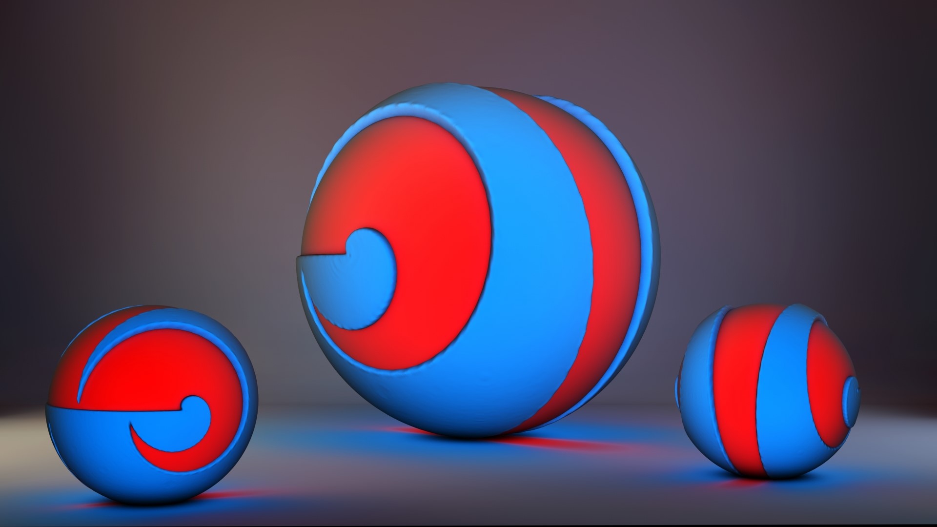3D rendered spheres with red and blue patterns HD Wallpaper