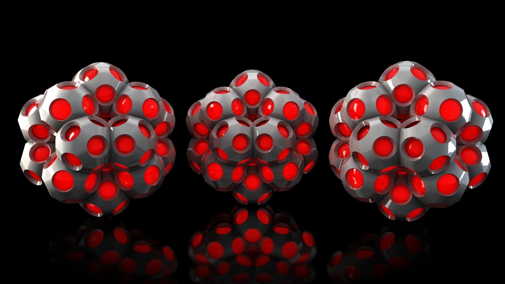 Three 3D rendered molecular structures with red cores HD Wallpaper