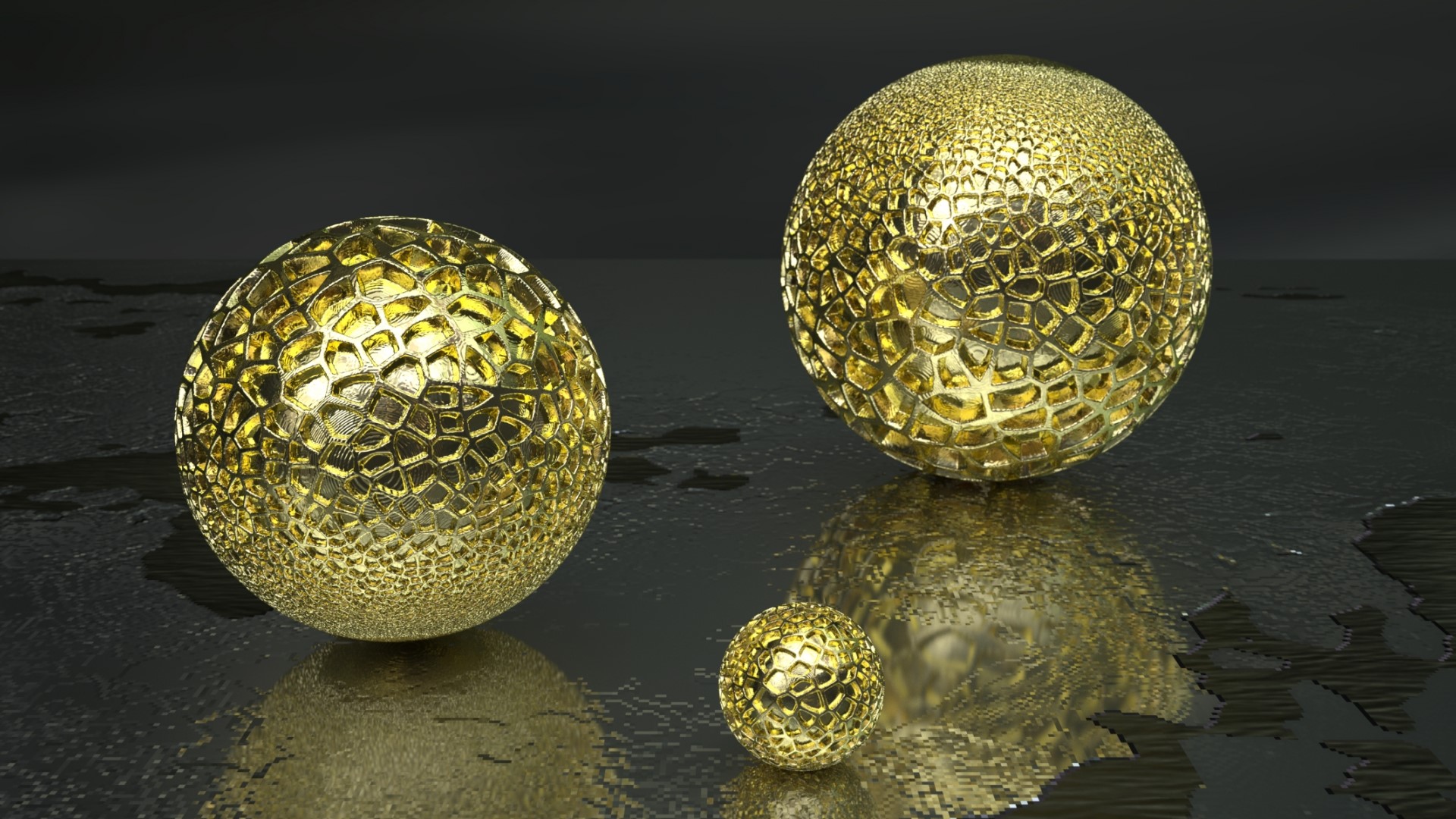 Three golden spheres with intricate patterns on a dark reflective surface HD Wallpaper