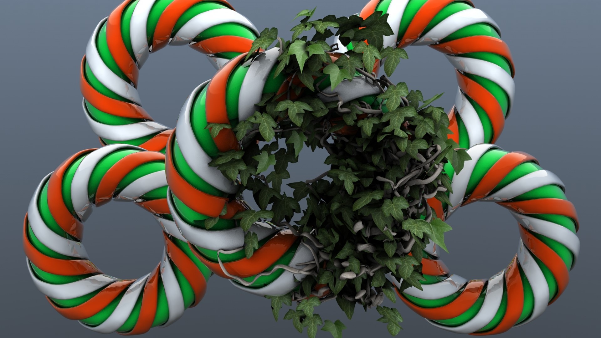 3D graphic of intertwined rings with ivy HD Wallpaper