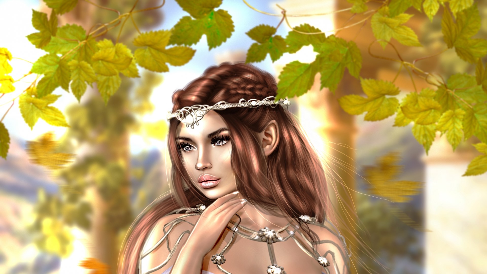 Fantasy elf girl with ornate crown and jewelry HD Wallpaper