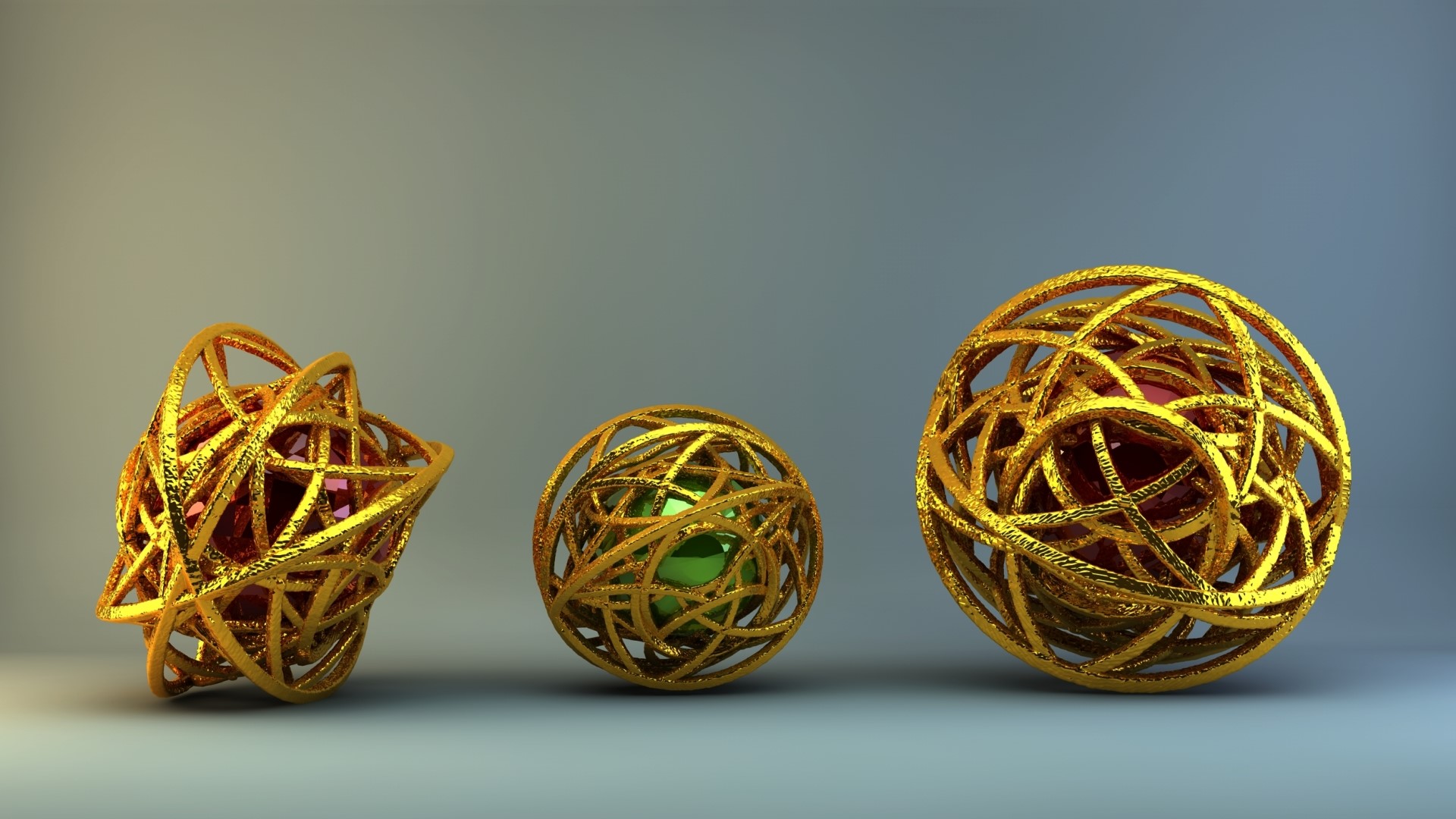 3D abstract golden spheres with gems HD Wallpaper