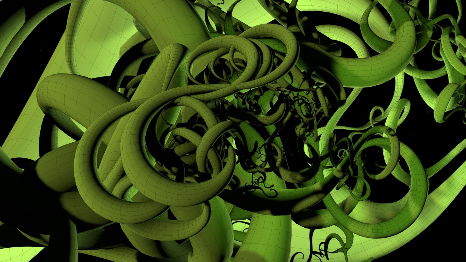 Abstract green 3D wireframe shapes HD Wallpaper