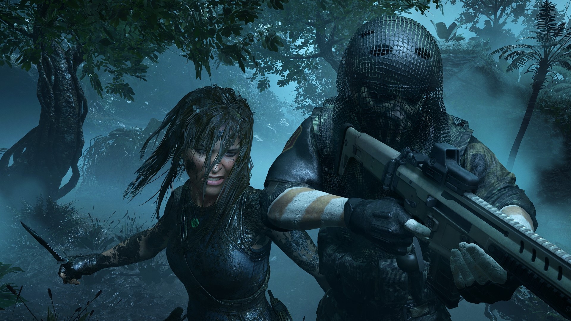 Lara Croft and soldier in Shadow of the Tomb Raider HD Wallpaper