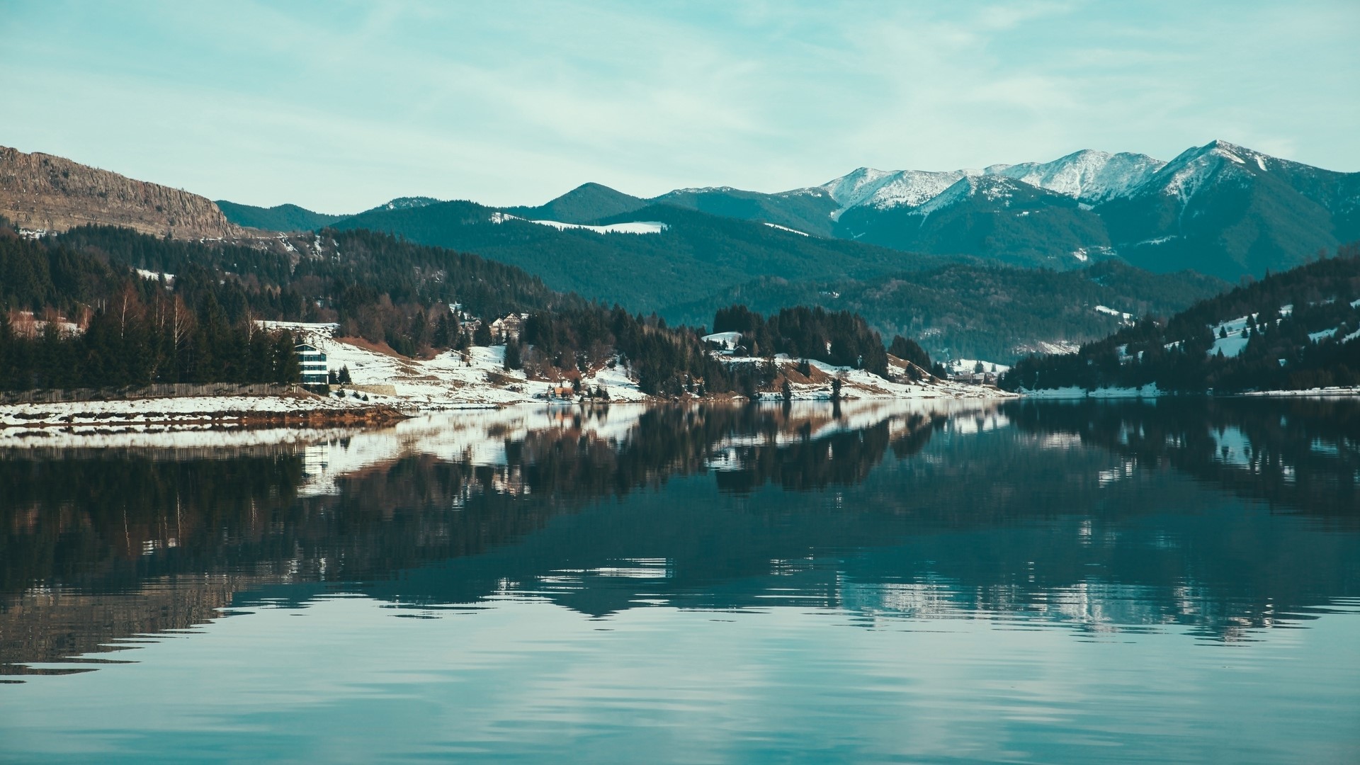 Snowy Mountains Reflected in a Lake HD Wallpaper
