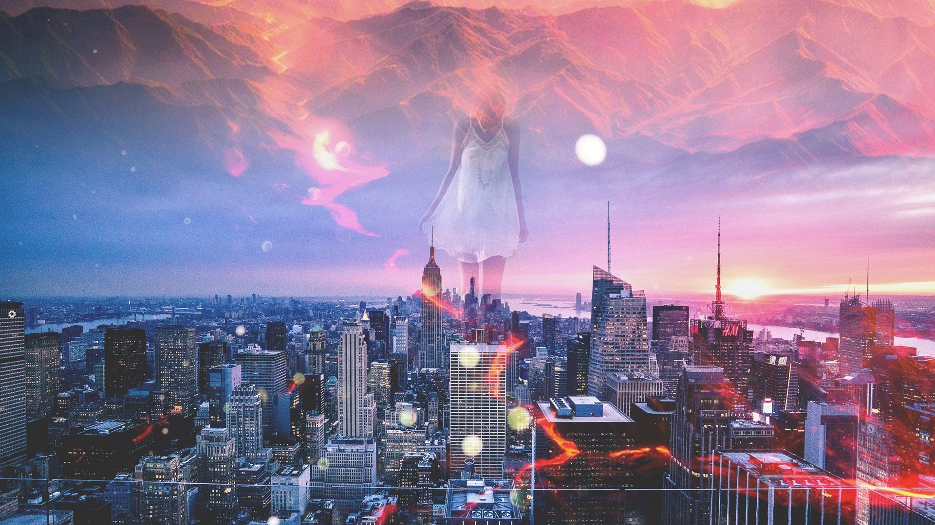 Multiple exposure of a woman over New York City skyline HD Wallpaper