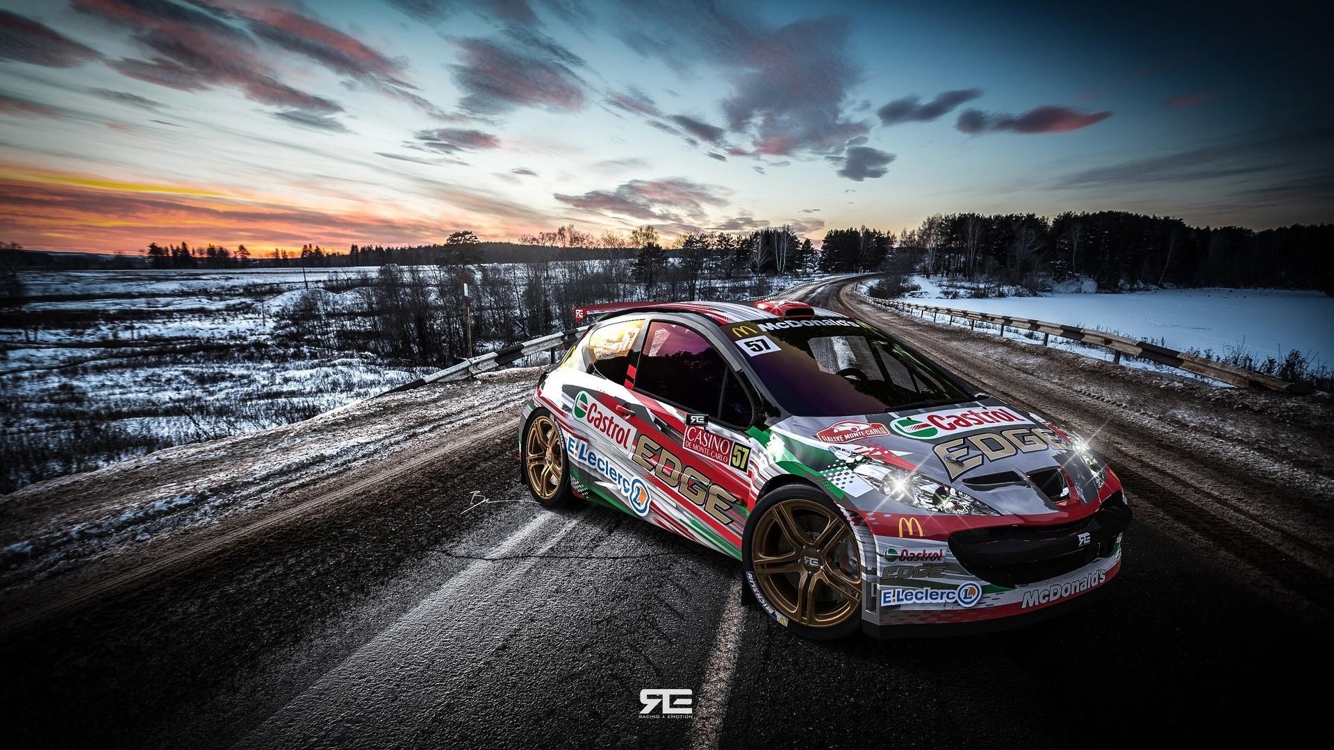Peugeot 207 rally car on a snowy road at sunset HD Wallpaper