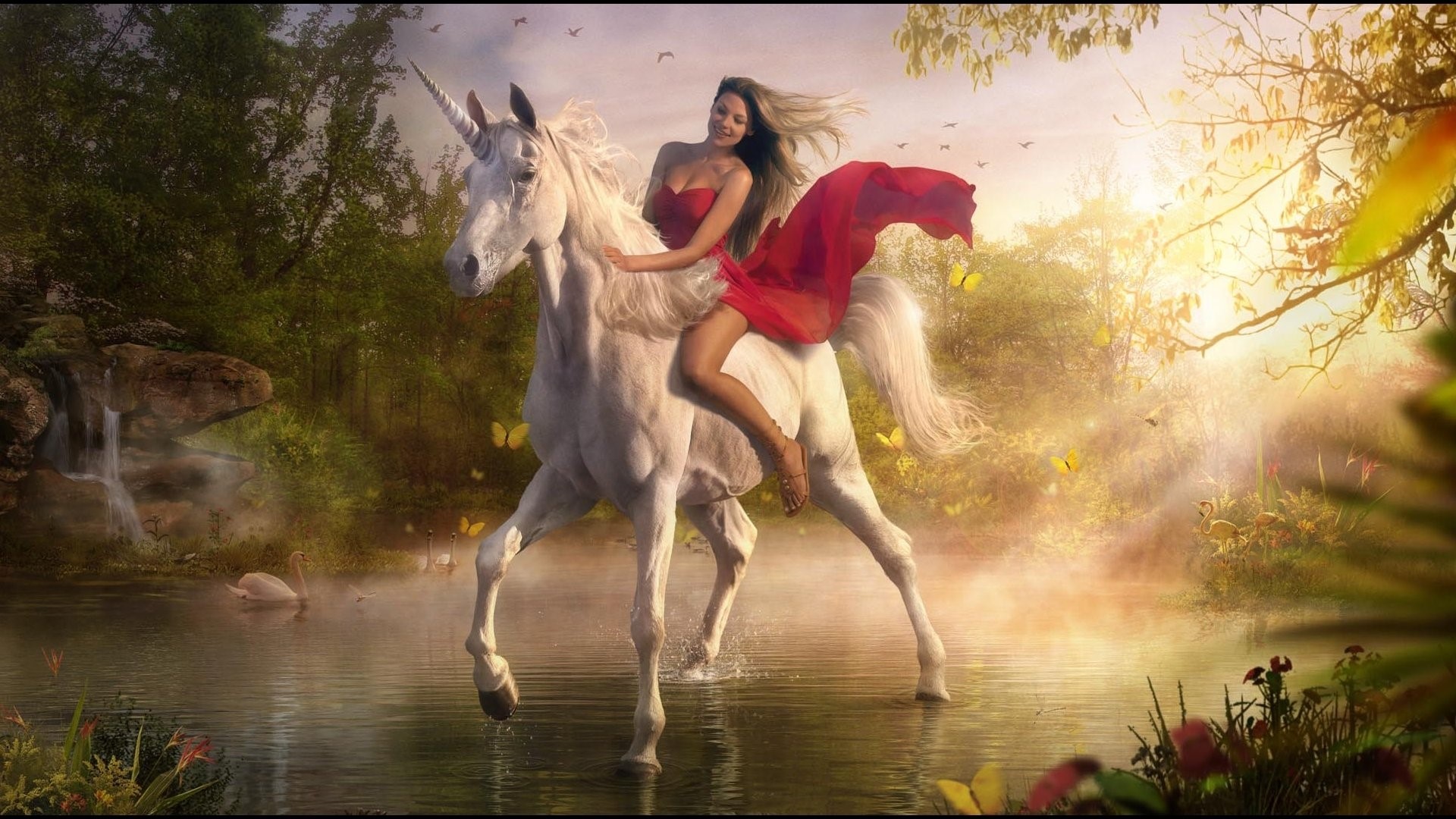 Woman in red dress riding a unicorn in a forest HD Wallpaper