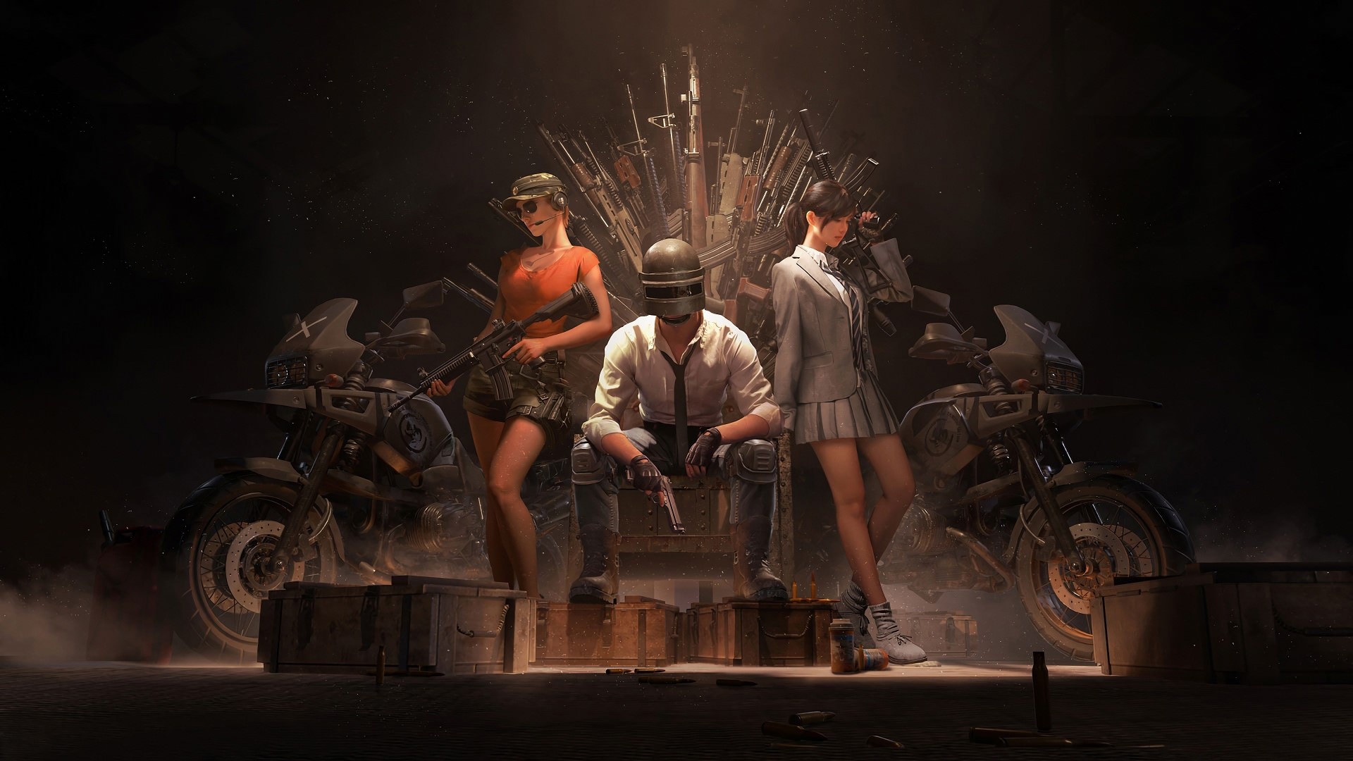 PlayerUnknowns Battlegrounds characters on a throne of guns HD Wallpaper