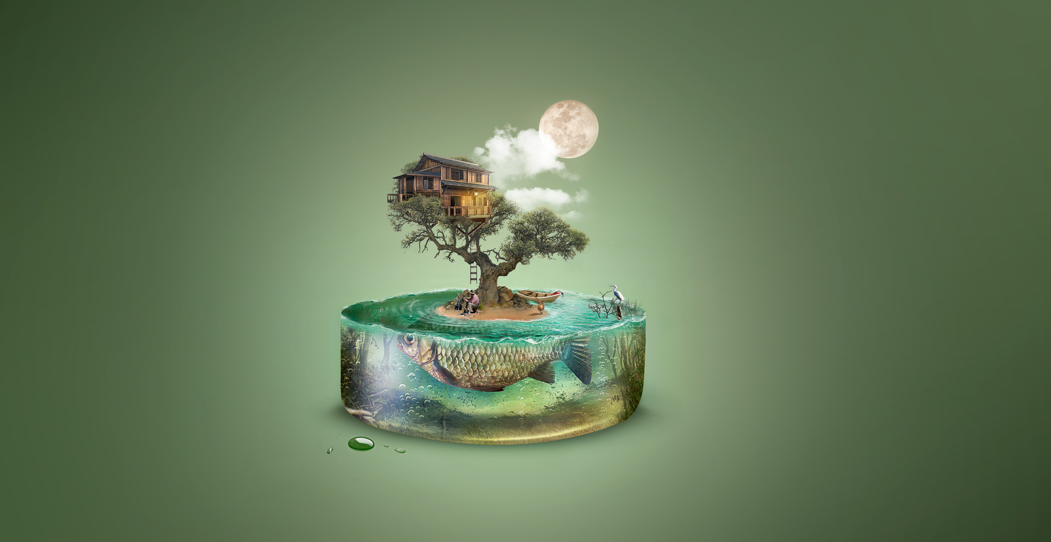 Treehouse island with a large fish in a water cylinder HD Wallpaper