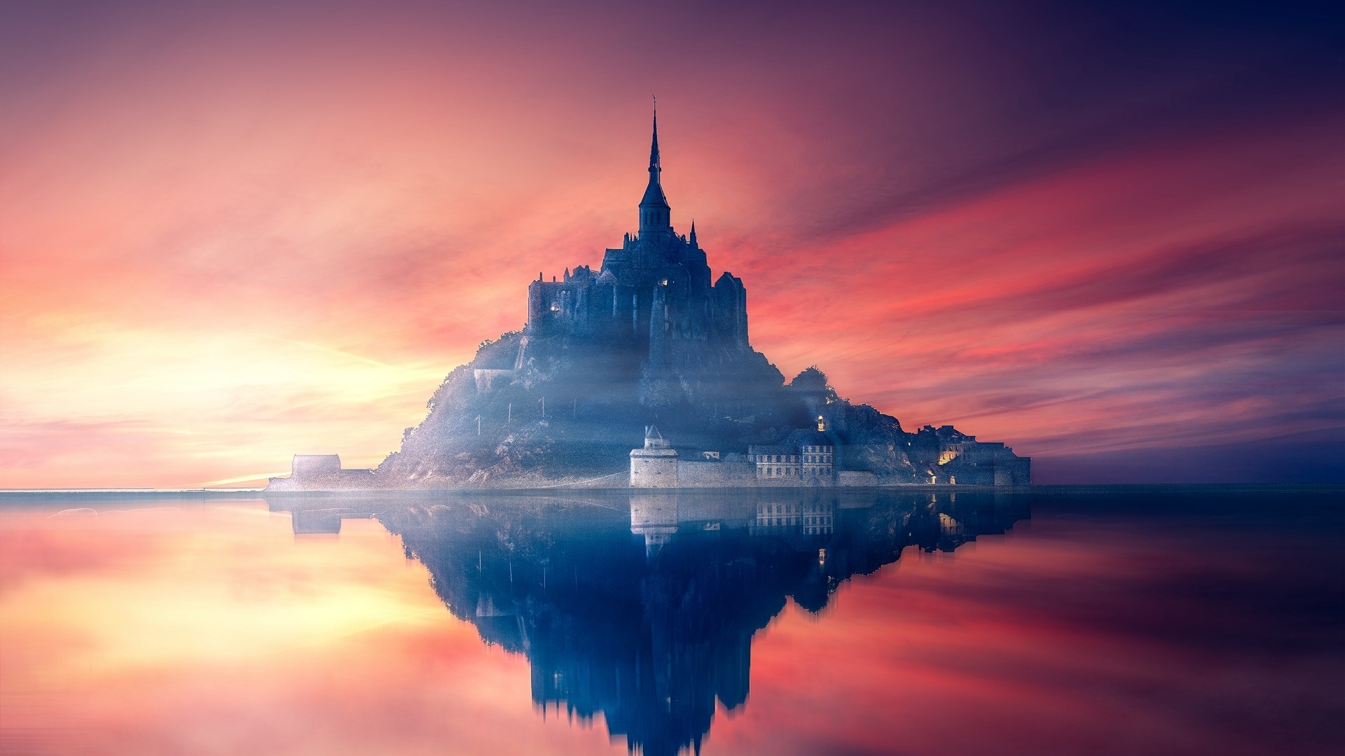 Mont Saint Michel castle reflected in water at sunset HD Wallpaper