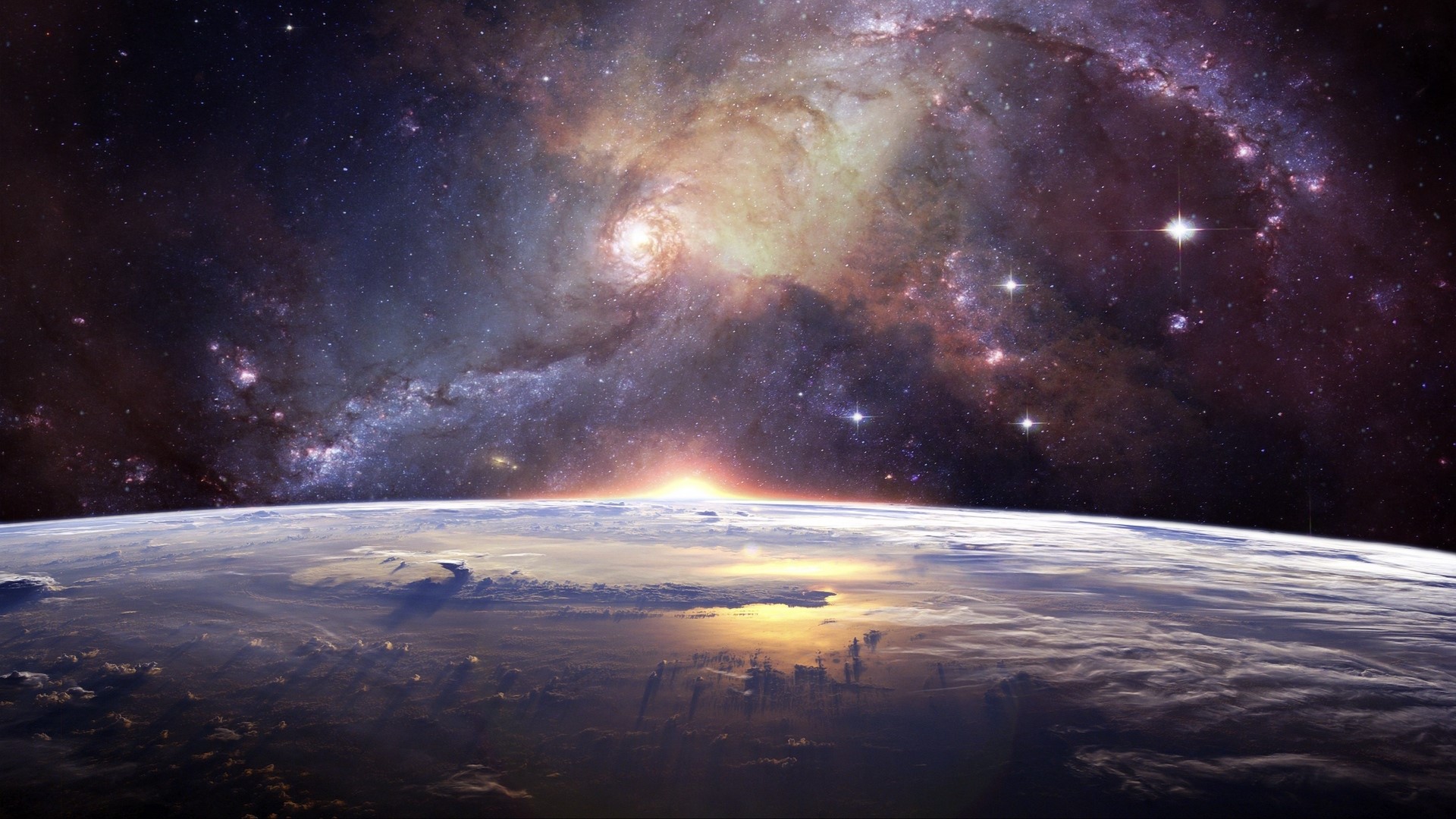 Earth and galaxy with sunrise HD Wallpaper