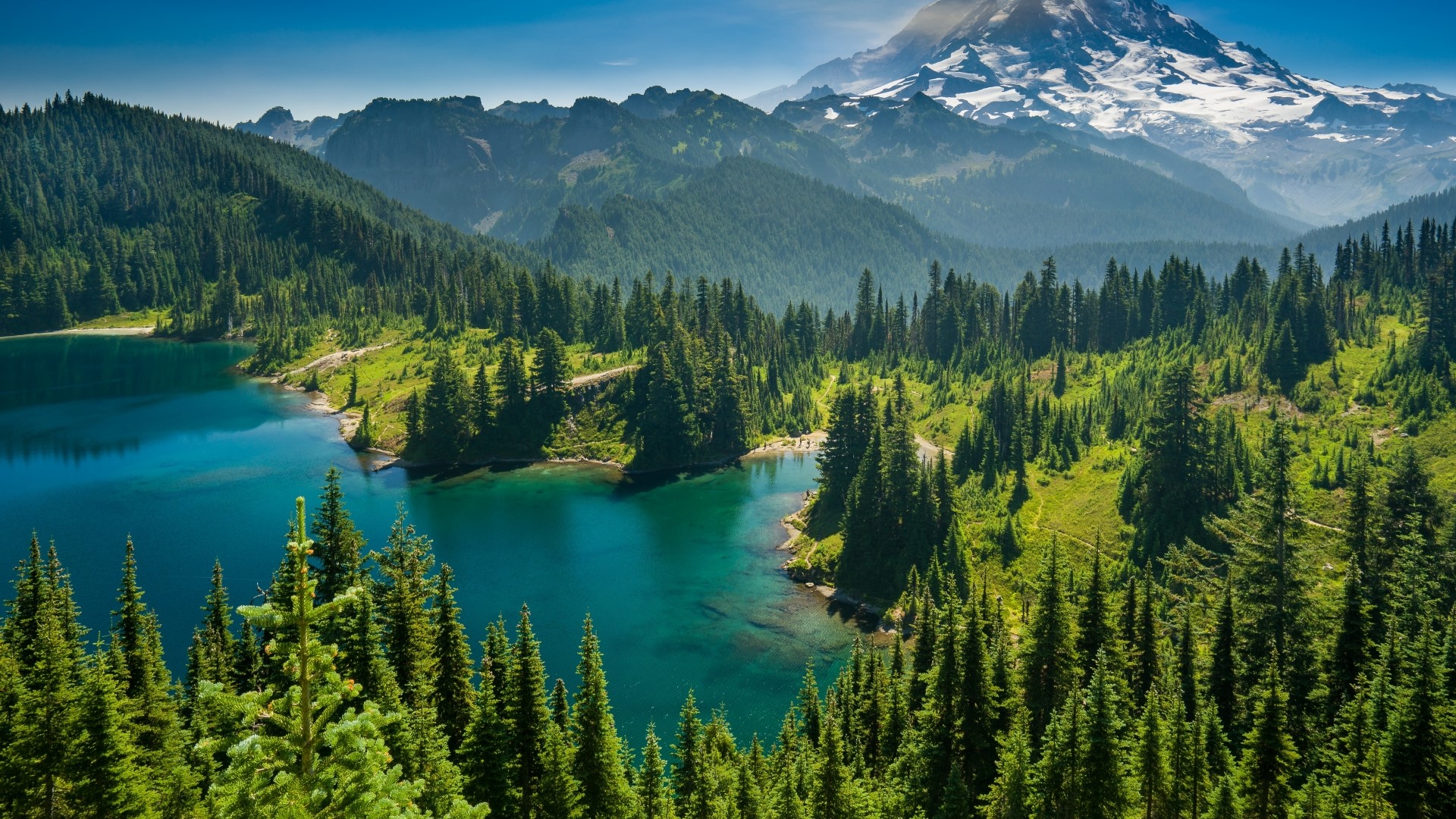 Forest lake and snow-capped mountain HD Wallpaper