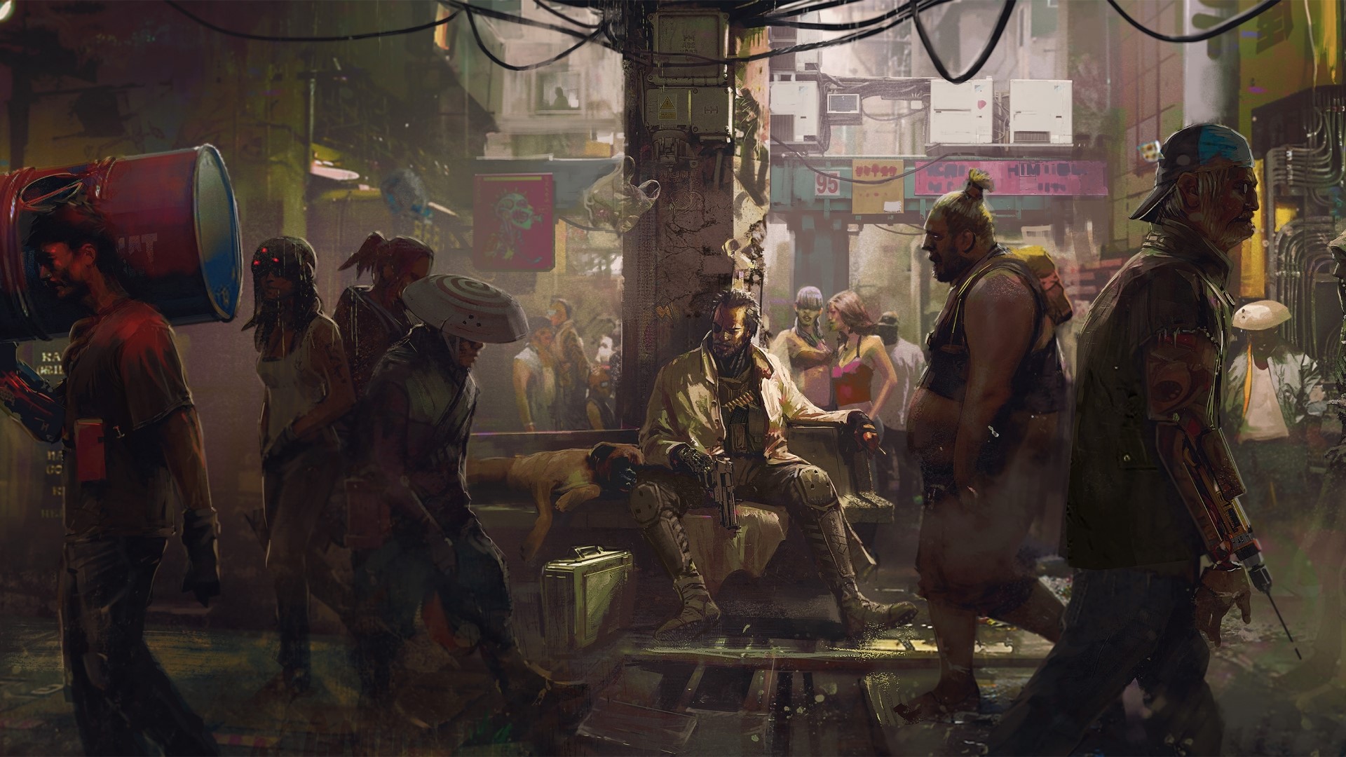 Cyberpunk 2077 street scene with diverse characters HD Wallpaper