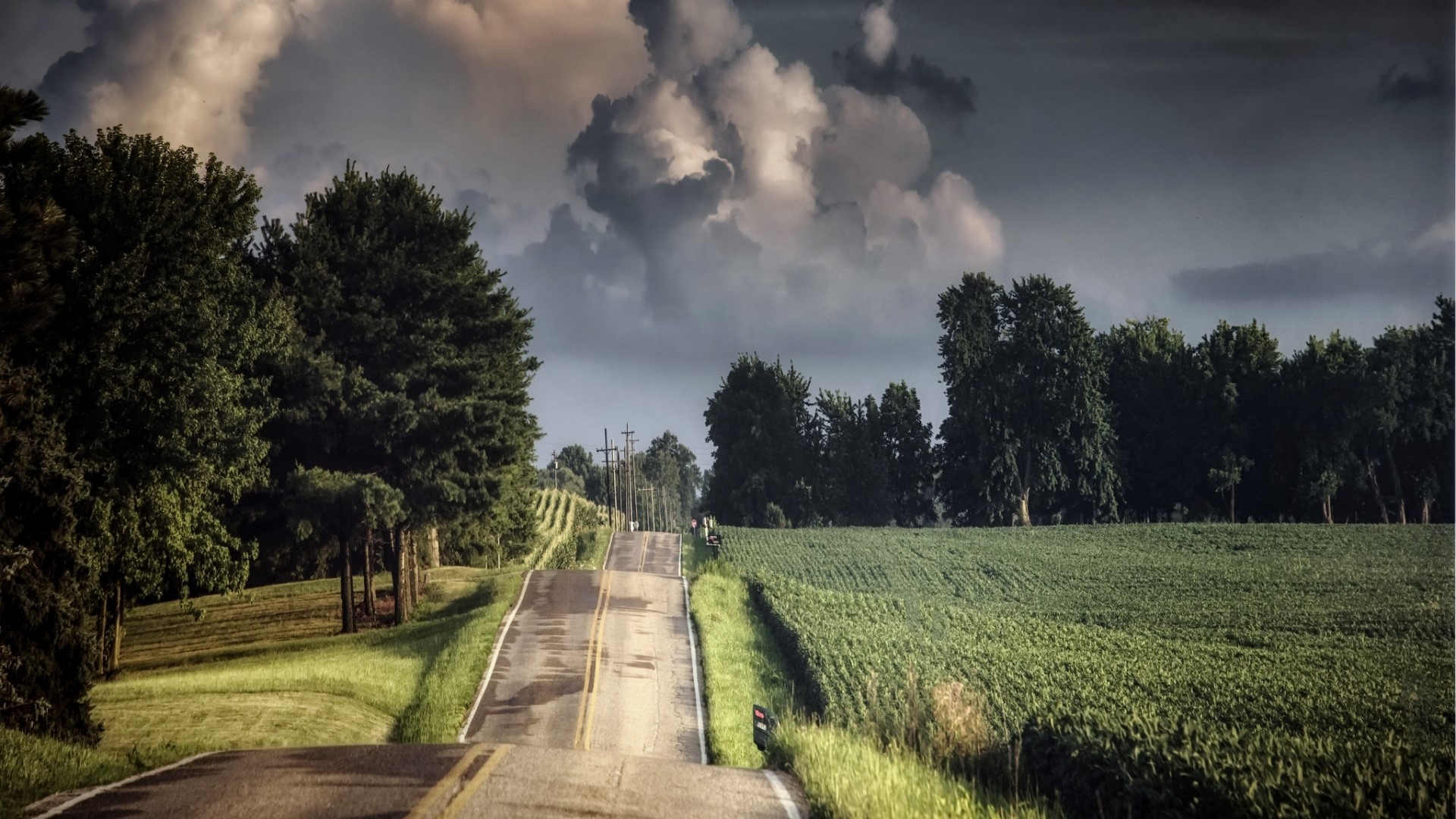 Road through farmland under stormy clouds HD Wallpaper