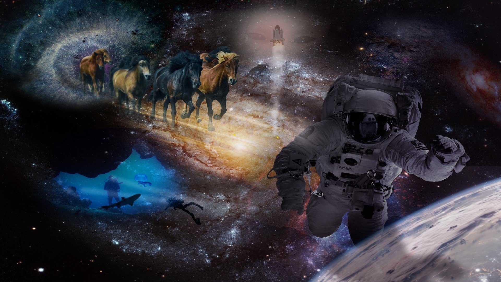 Astronaut, Horses, Divers, and Rocket in Space Collage HD Wallpaper