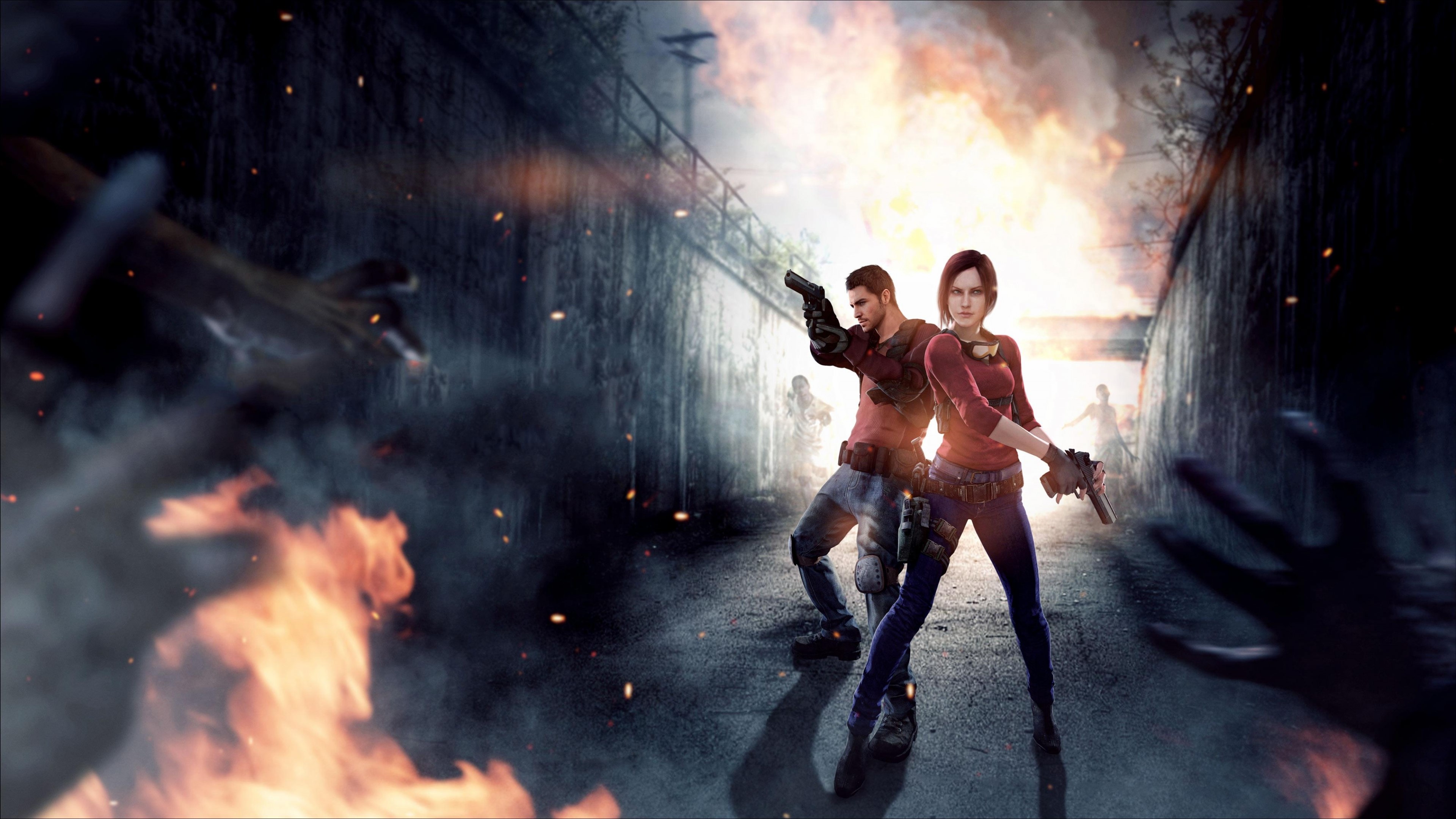 Chris and Claire from Resident Evil in a burning city HD Wallpaper