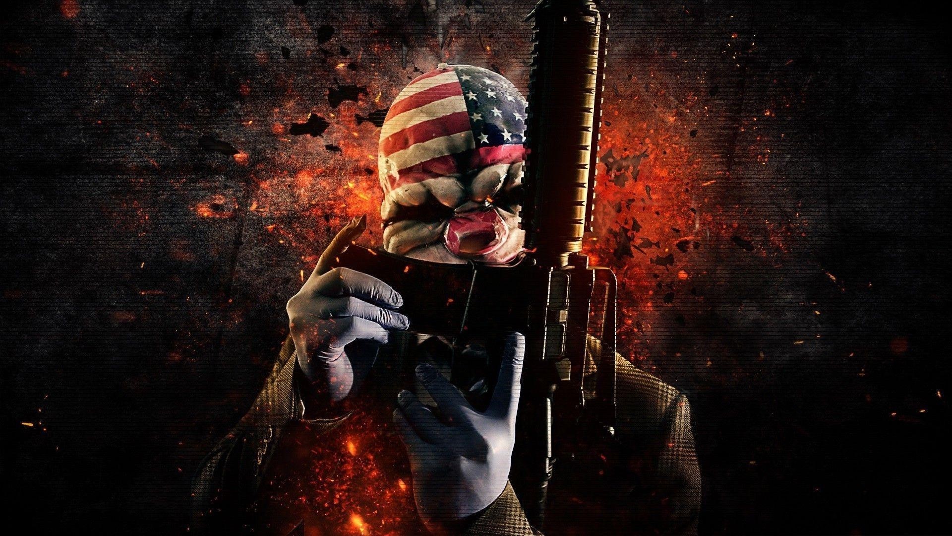 Payday 2 character with American flag mask and assault rifle HD Wallpaper