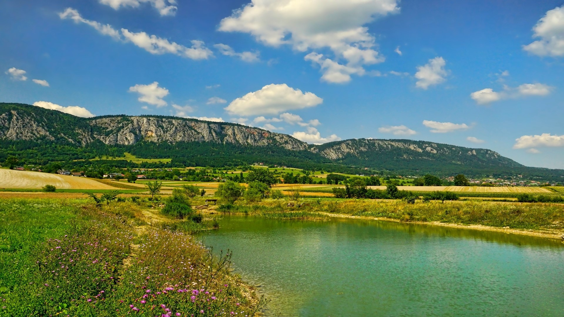 Green landscape with mountains and a lake HD Wallpaper