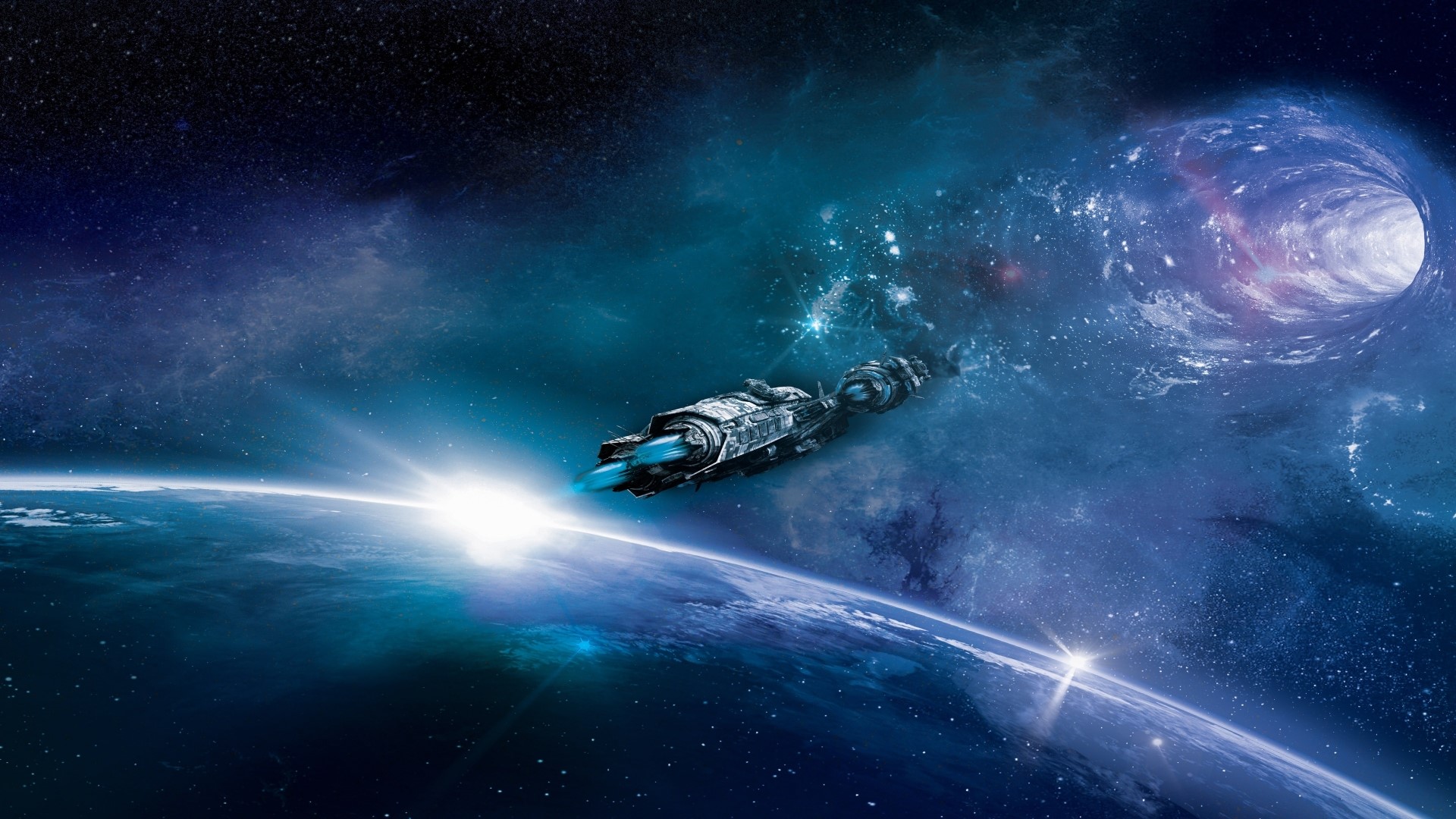 Spaceship traveling through a wormhole near a planet HD Wallpaper