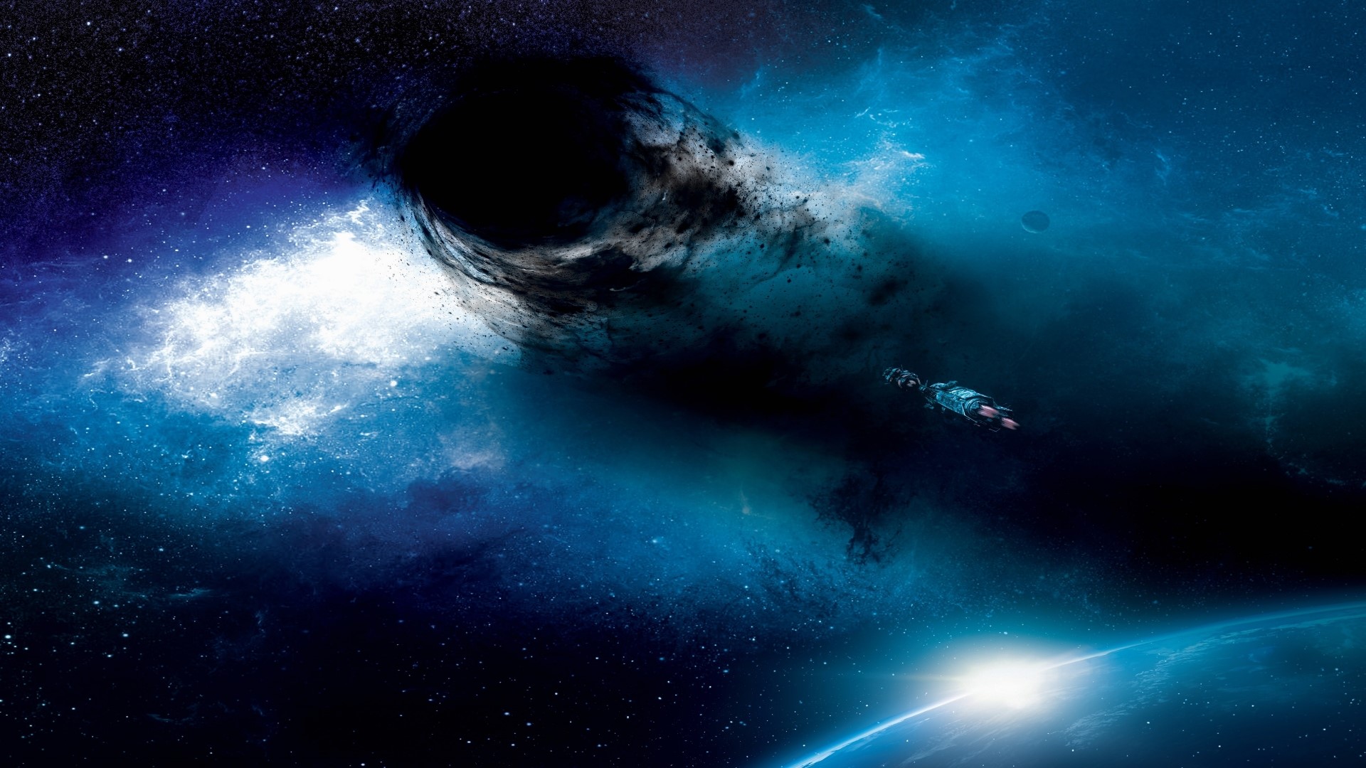 Black hole in deep space with a spaceship HD Wallpaper