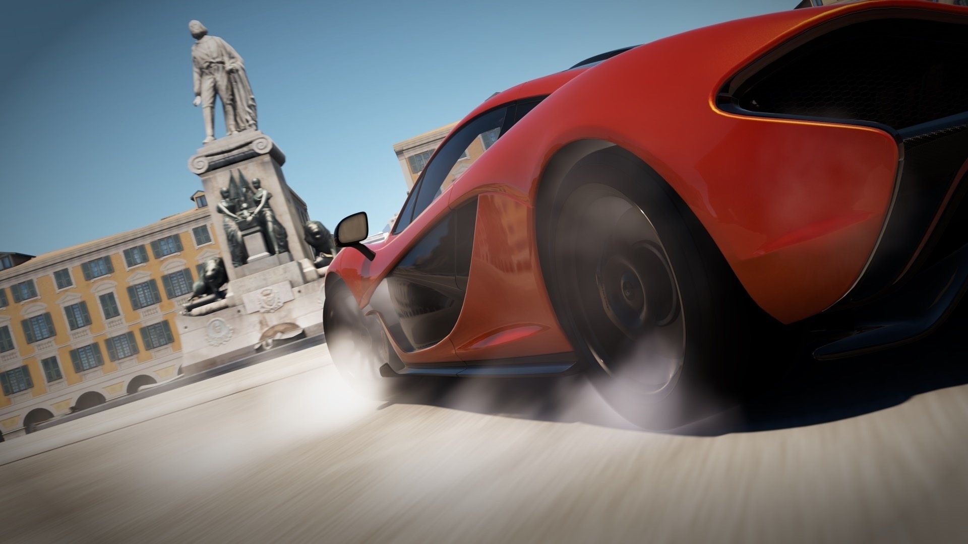 Red sports car drifting in front of a monument HD Wallpaper