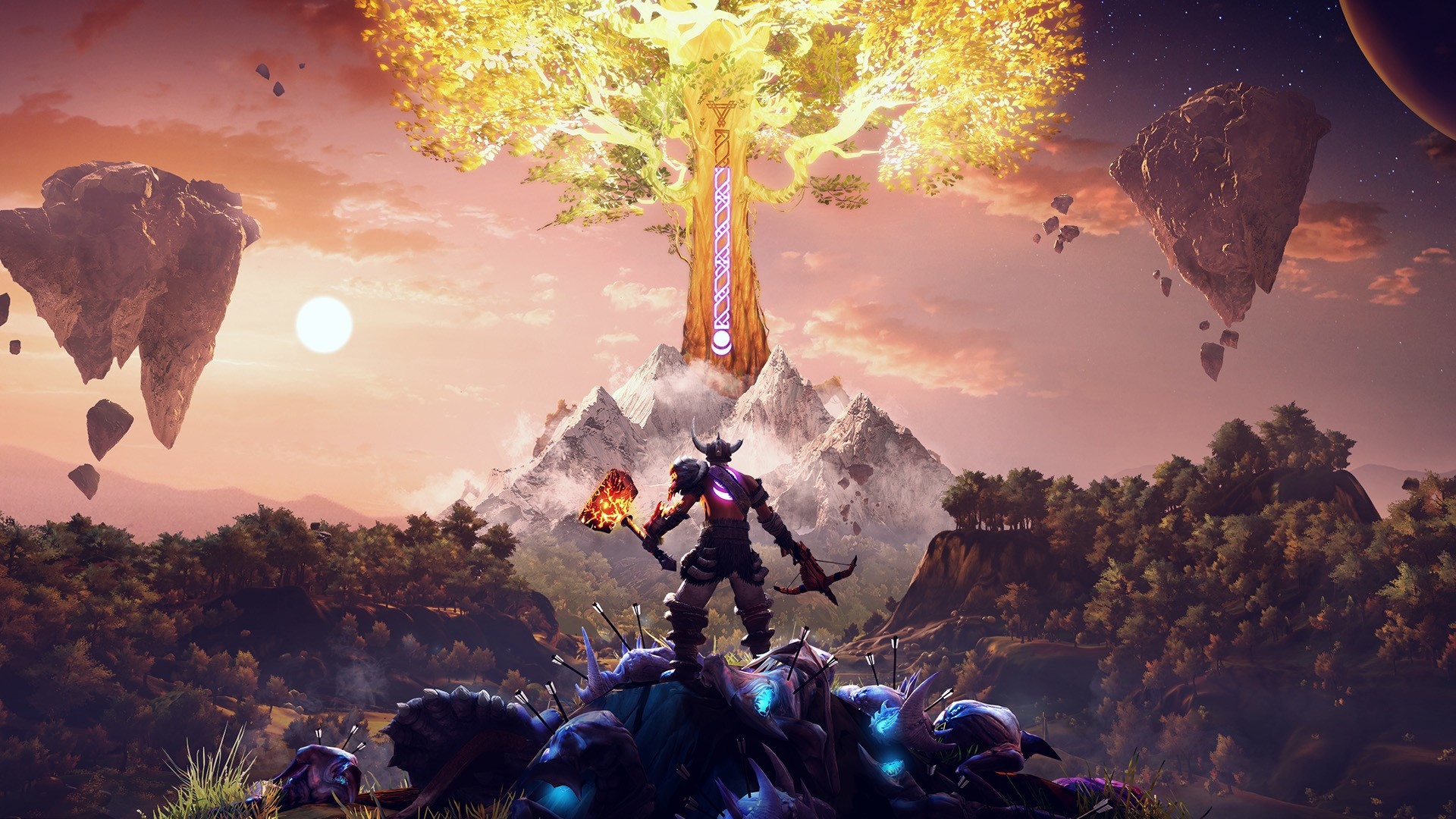 Fantasy warrior with axe and bow before a glowing tree HD Wallpaper