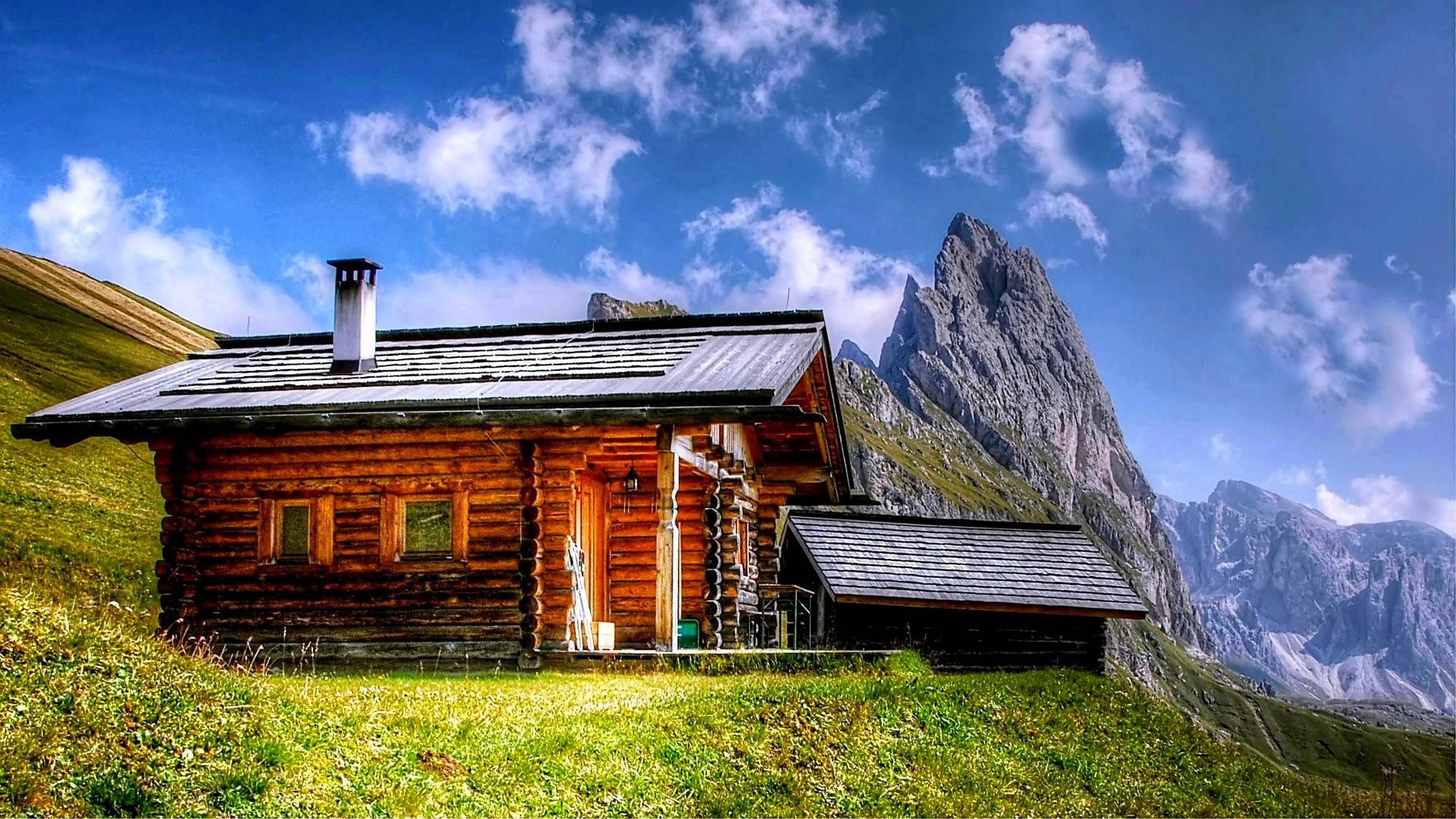 Log cabin in the mountains HD Wallpaper