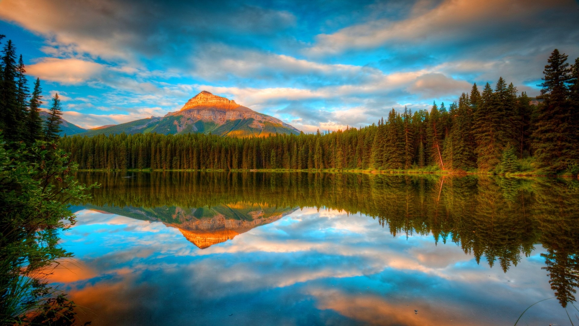 Mountain Lake Reflection with Forest and Clouds HD Wallpaper