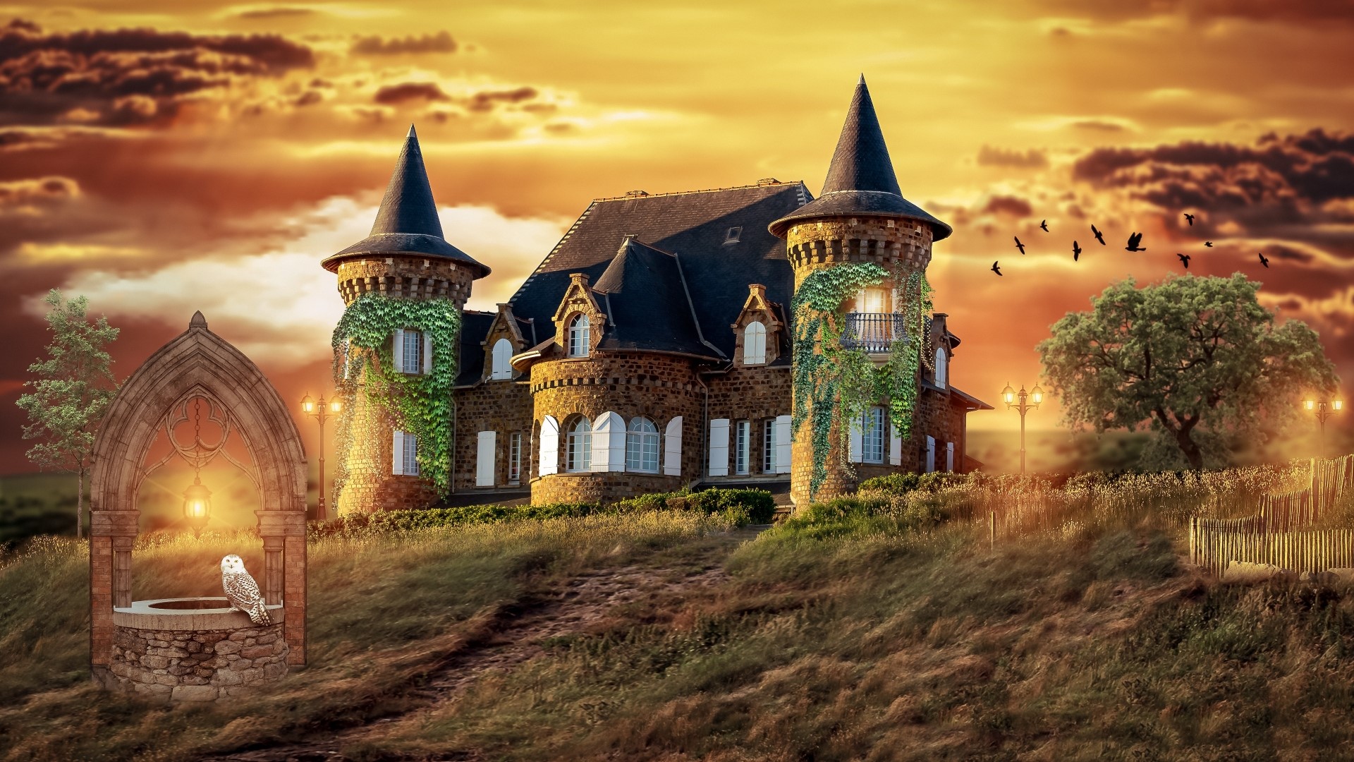 Castle with a well and owl at dawn HD Wallpaper
