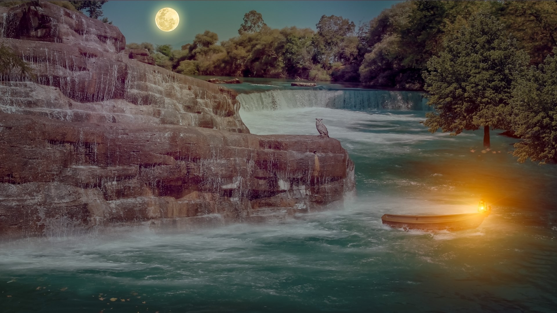Waterfall with owl and boat at night HD Wallpaper