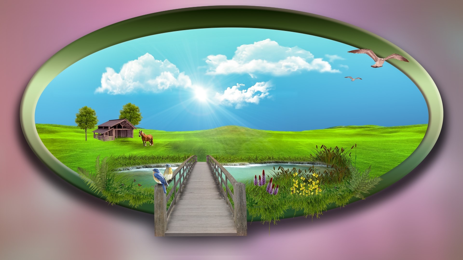 Oval landscape with a bridge, barn, and horse HD Wallpaper
