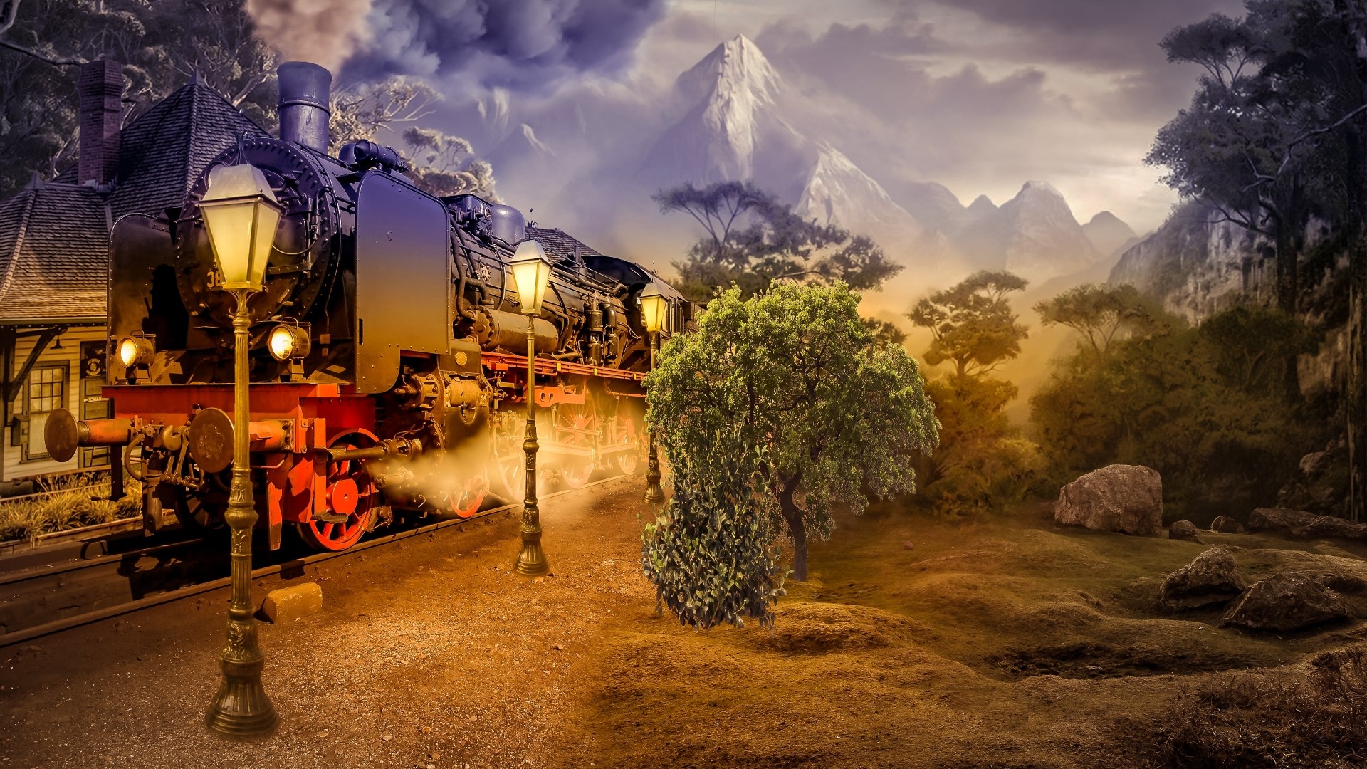 Steam locomotive at a station with mountains HD Wallpaper