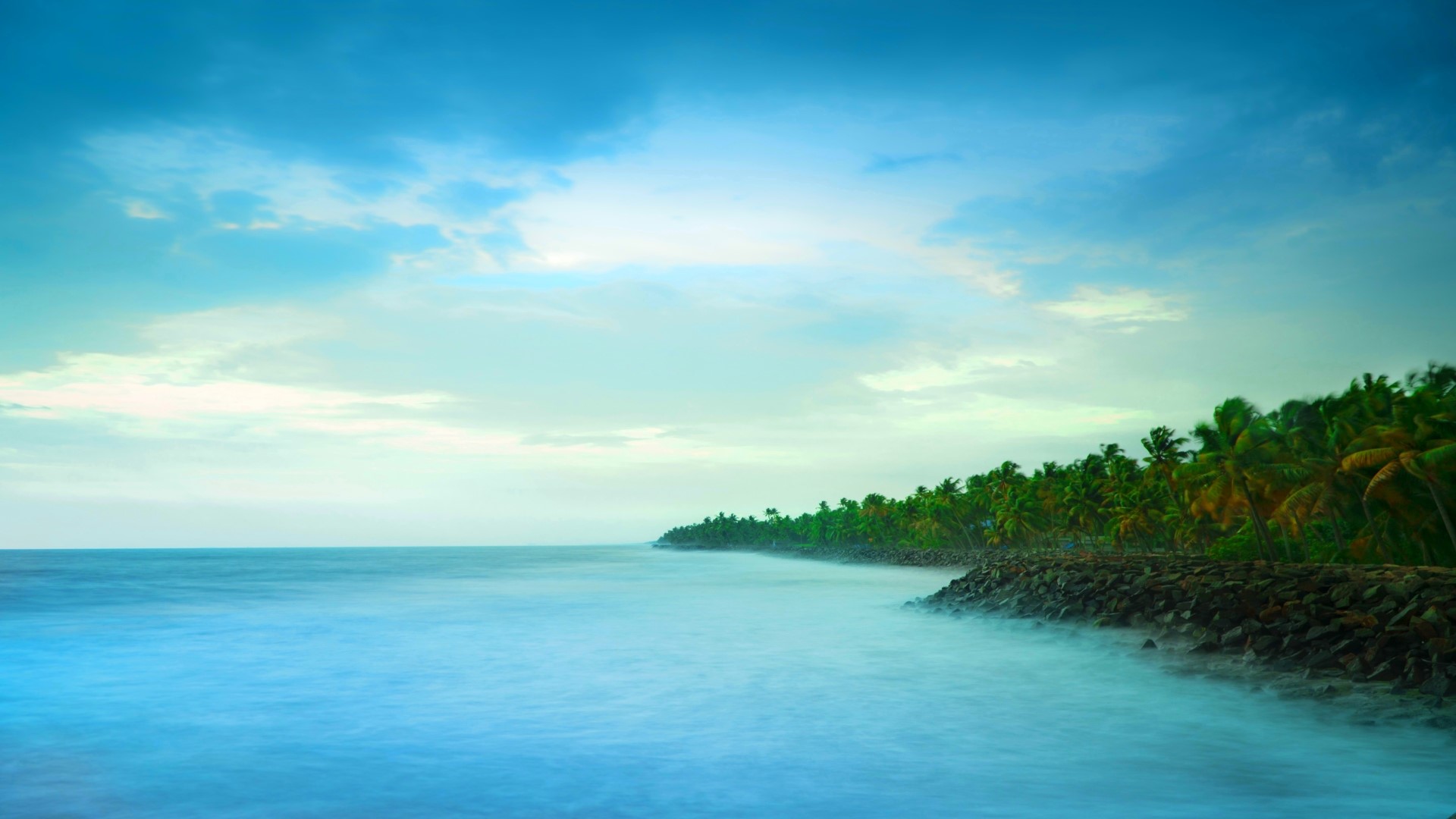 Ocean waves crashing on a rocky shore with palm trees HD Wallpaper