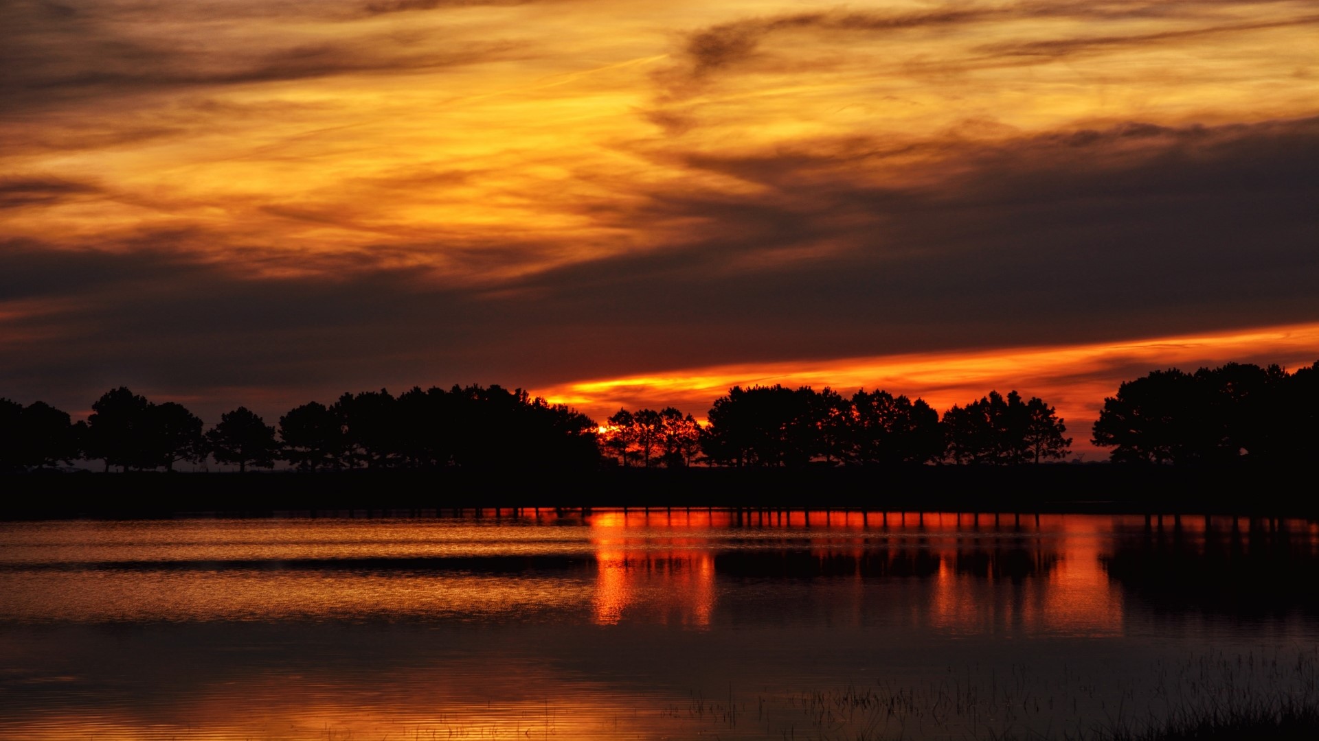 Sunset over a lake with trees HD Wallpaper