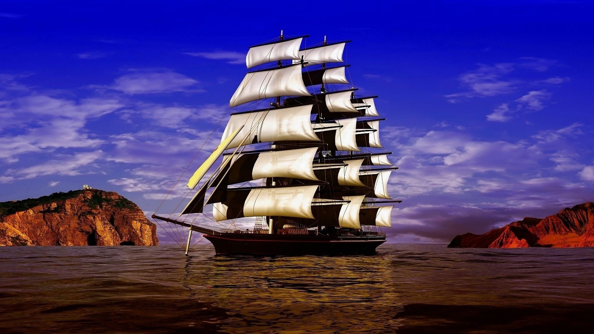 Sailboat sailing on the ocean near rocky islands HD Wallpaper