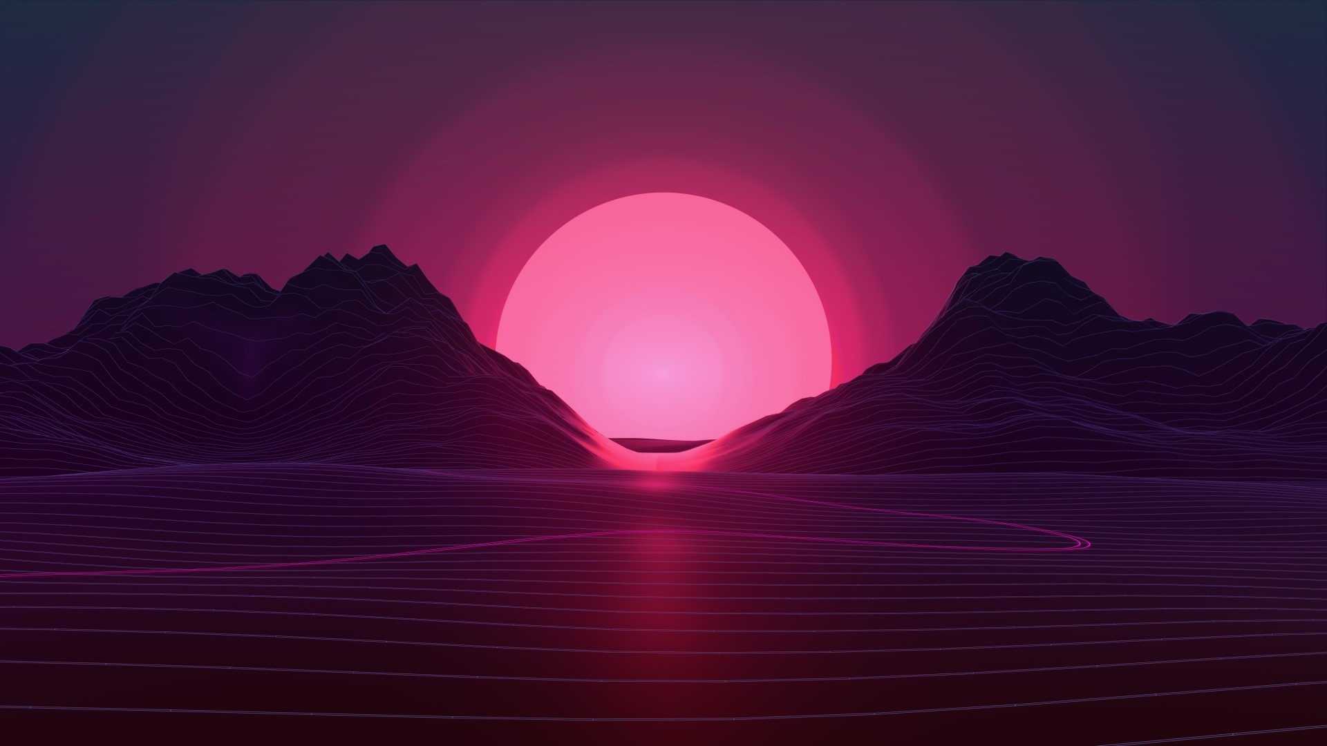 Wireframe landscape with pink sun HD Wallpaper