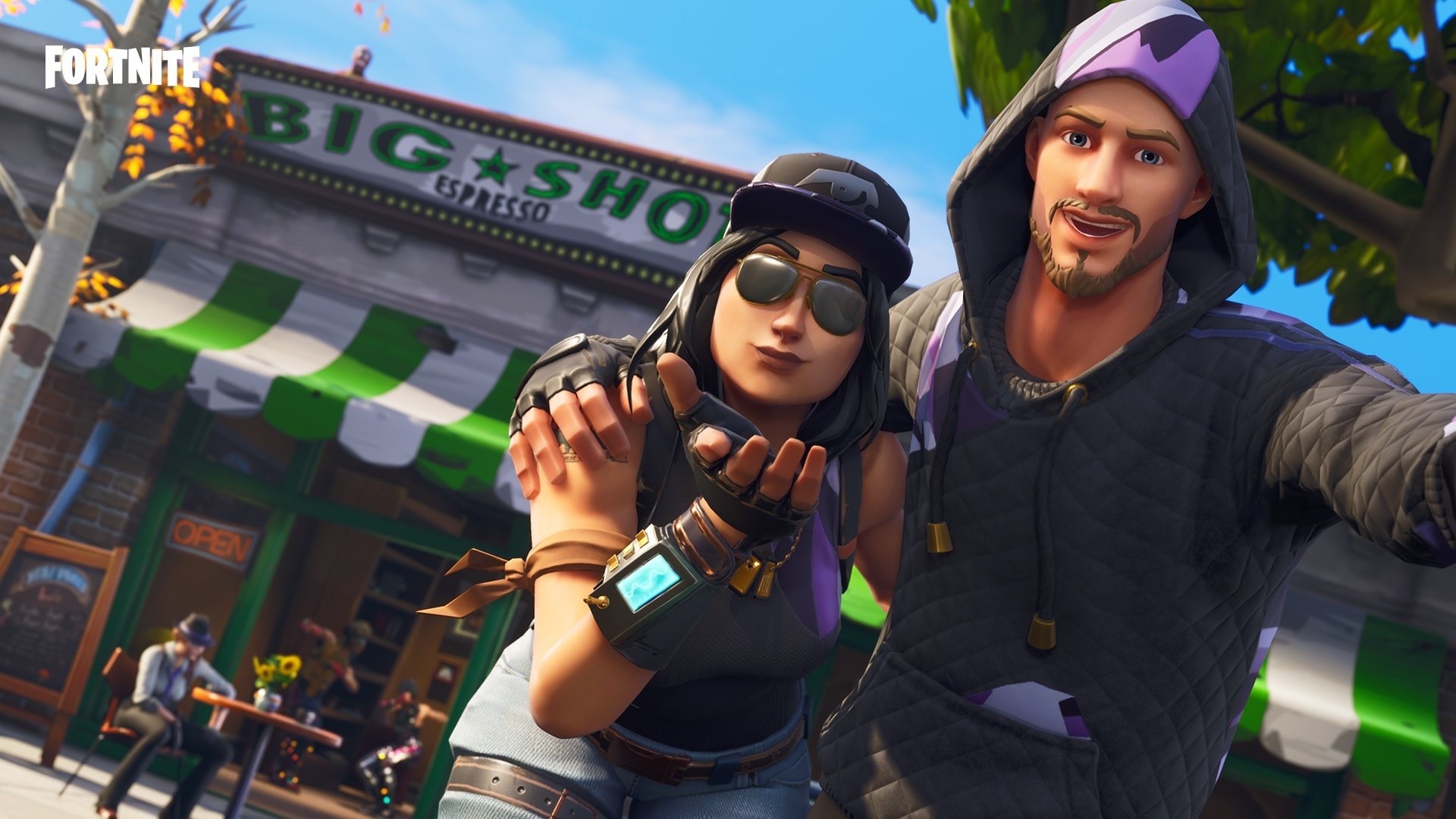 Fortnite characters posing in front of Big Shot Espresso HD Wallpaper