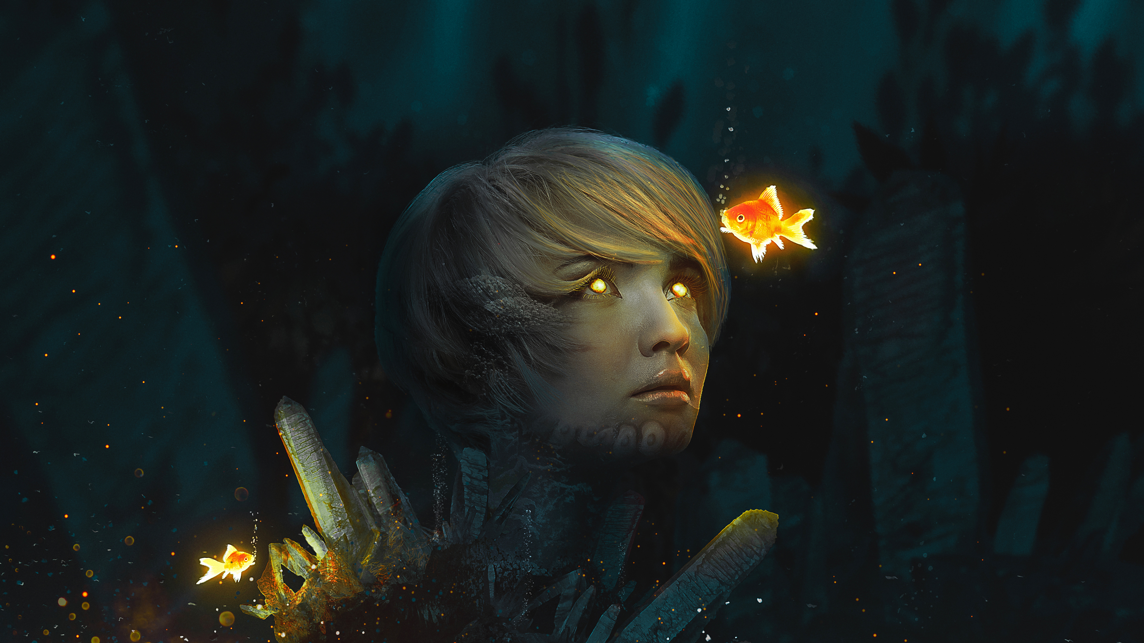 Surreal digital art of a girl with glowing eyes and goldfish HD Wallpaper