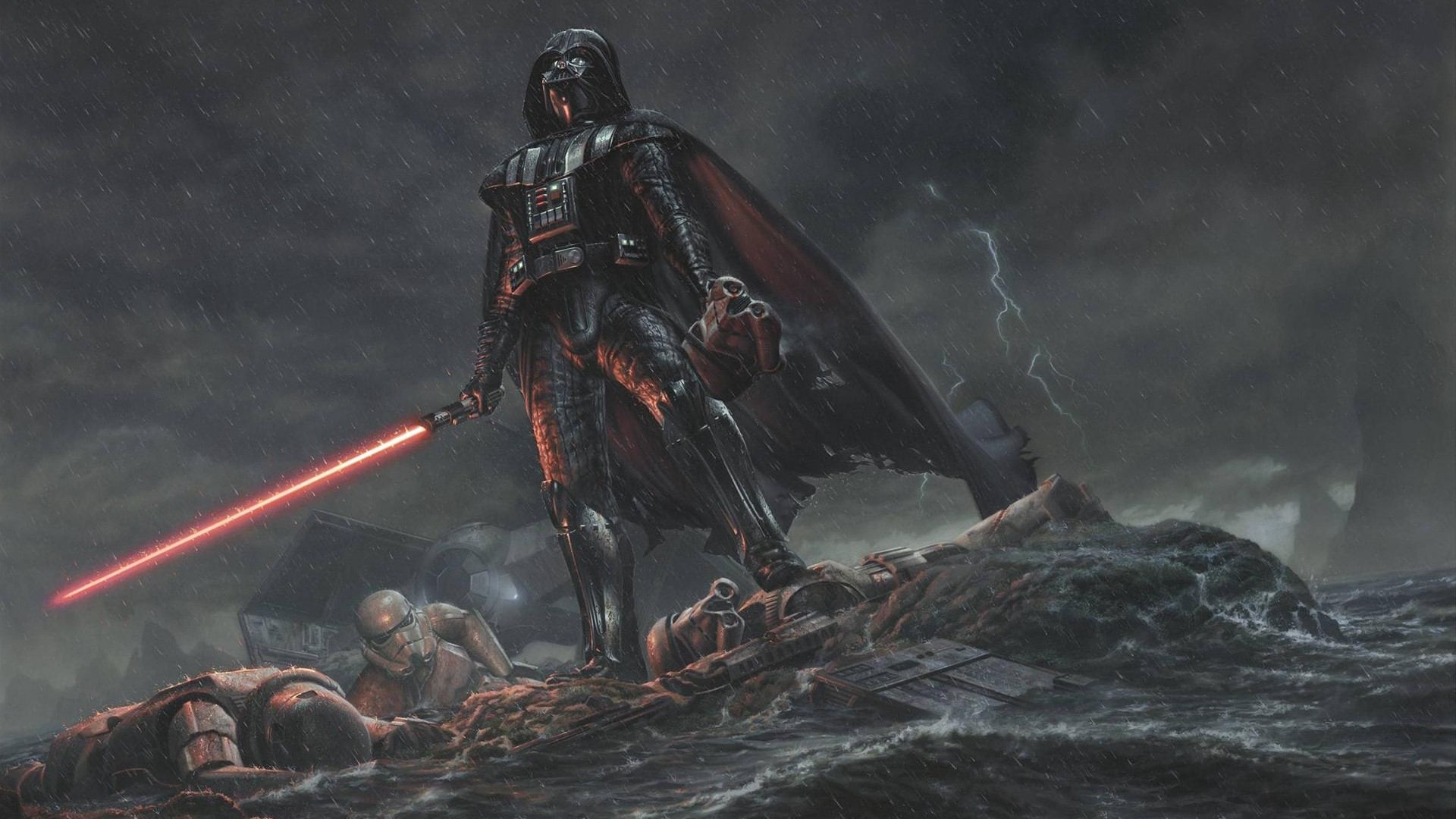 Darth Vader with red lightsaber on a stormy sea HD Wallpaper