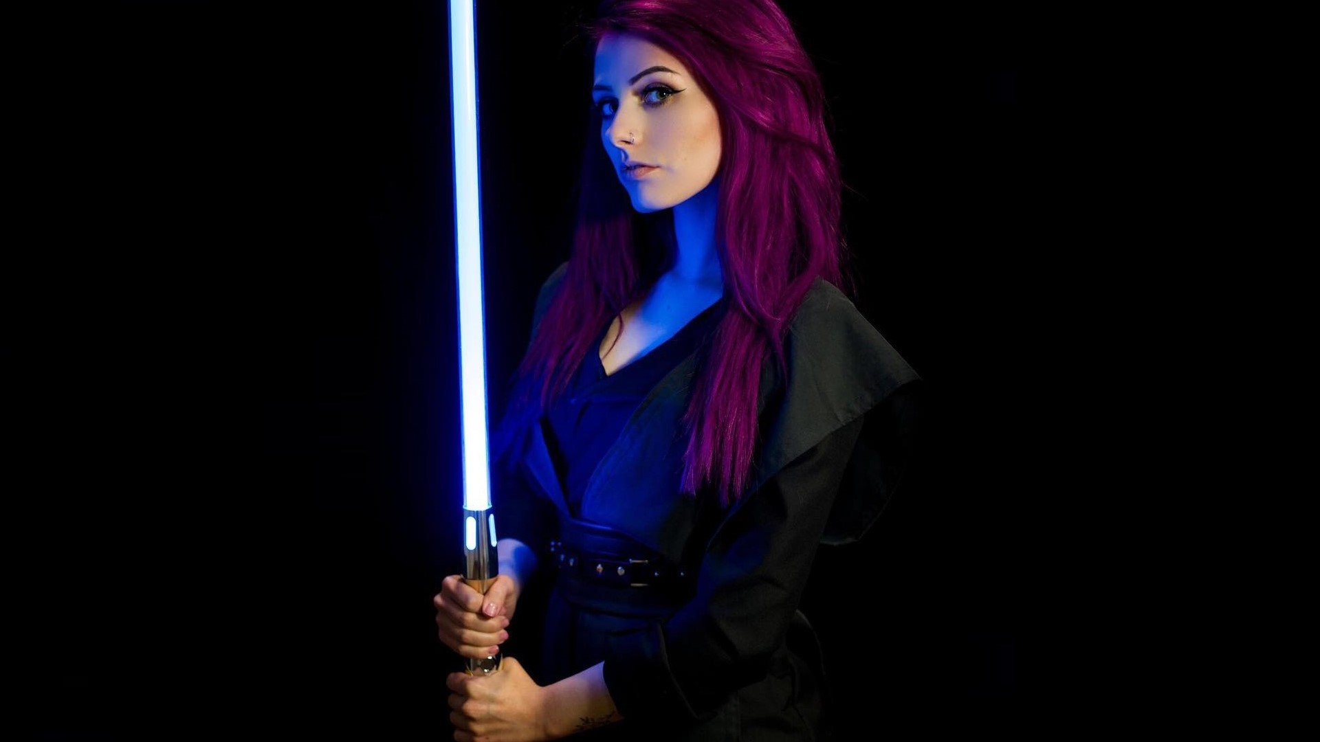 Woman with purple hair holding a blue lightsaber HD Wallpaper