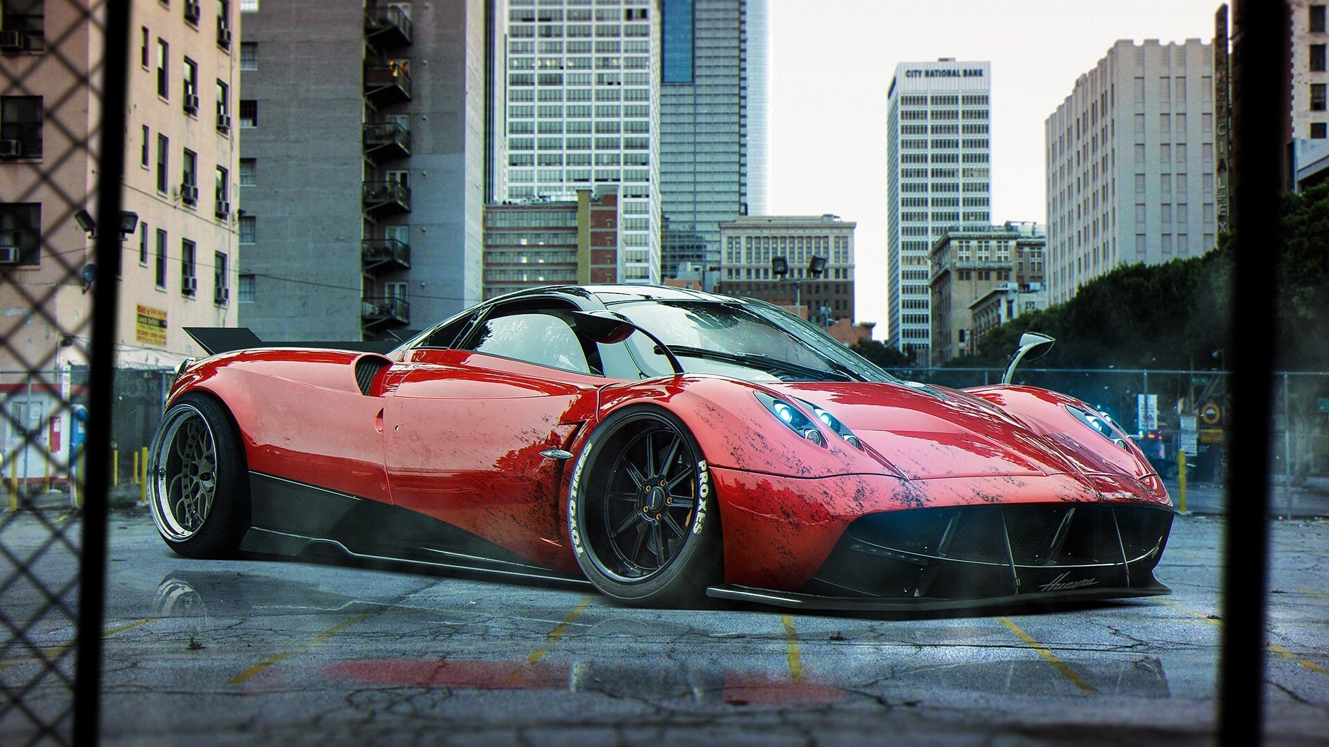 Red Pagani Huayra in Urban Setting HD Wallpaper