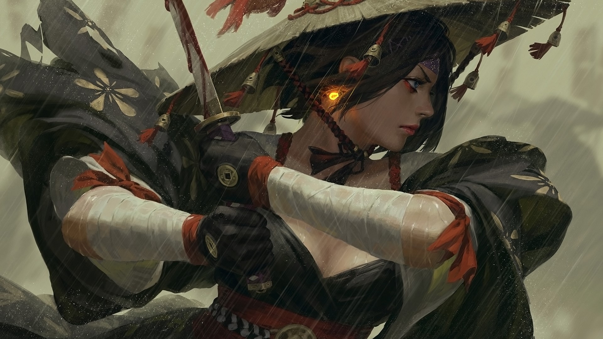 Woman warrior with sword under umbrella in rain HD Wallpaper