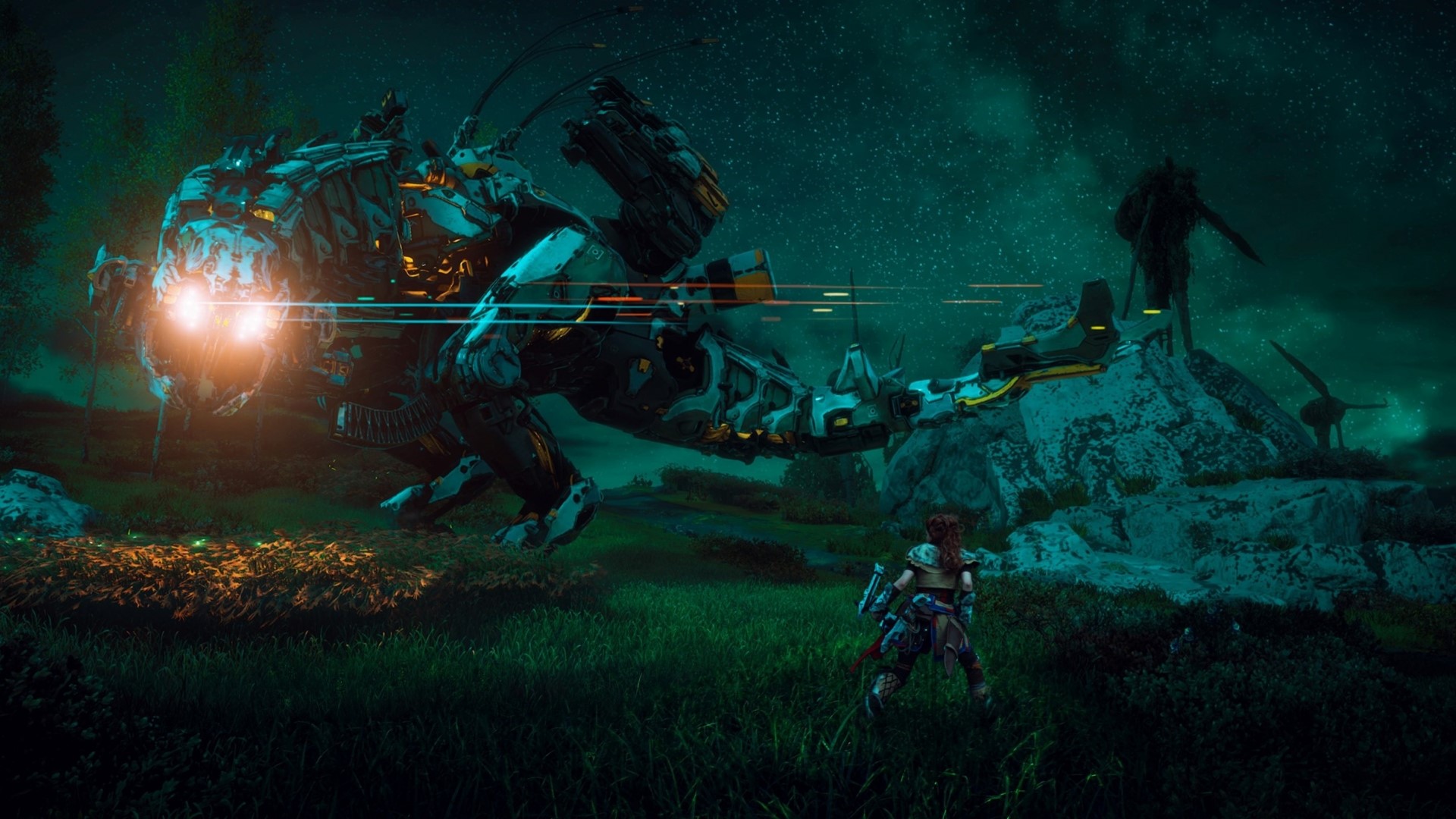 Aloy from Horizon Zero Dawn confronts a large machine HD Wallpaper