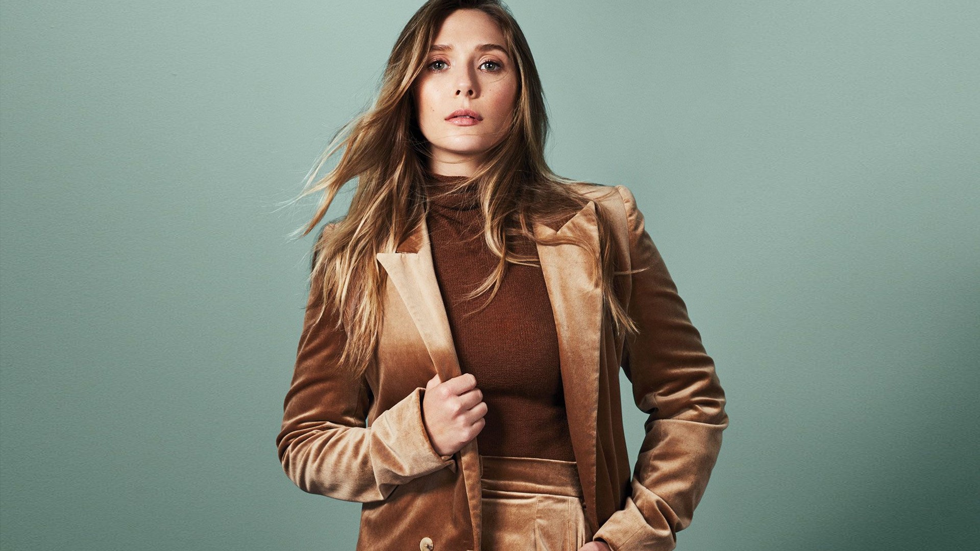 Elizabeth Olsen in a brown velvet suit HD Wallpaper