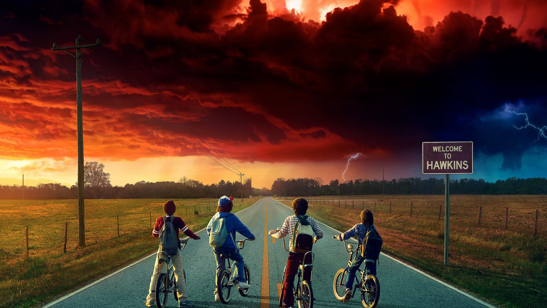 Stranger Things: Four kids on bikes at sunset HD Wallpaper